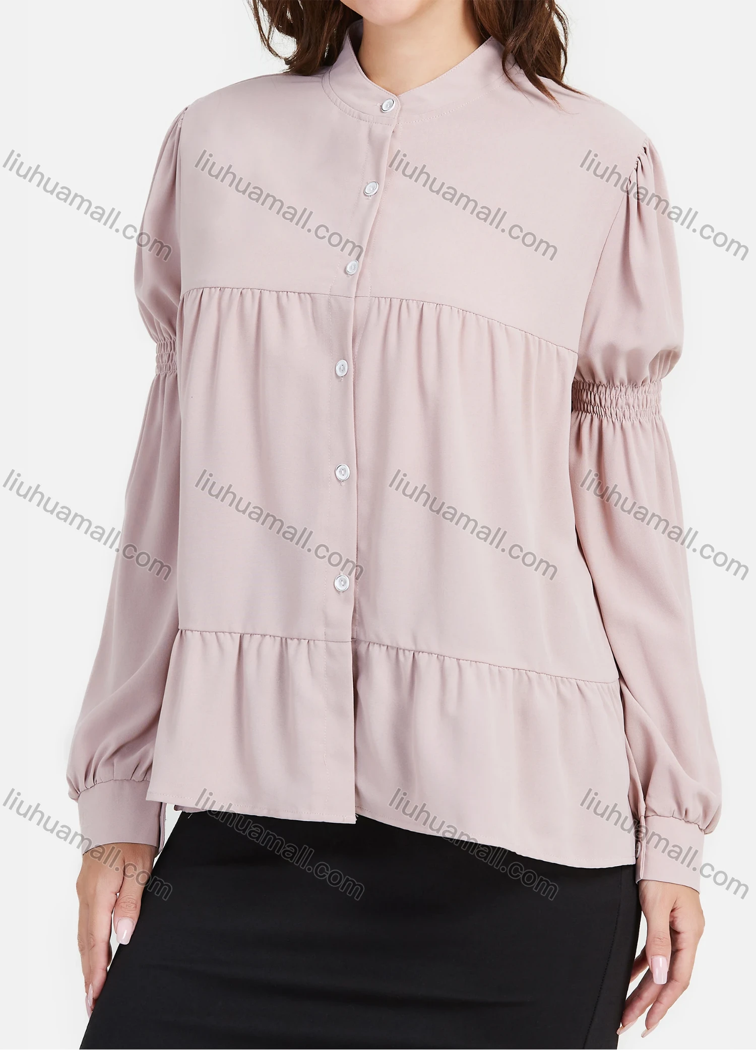 Wholesale Women's Causal Plain Puff Sleeve Ruffle Hem Button Down Shirt - Liuhuamall