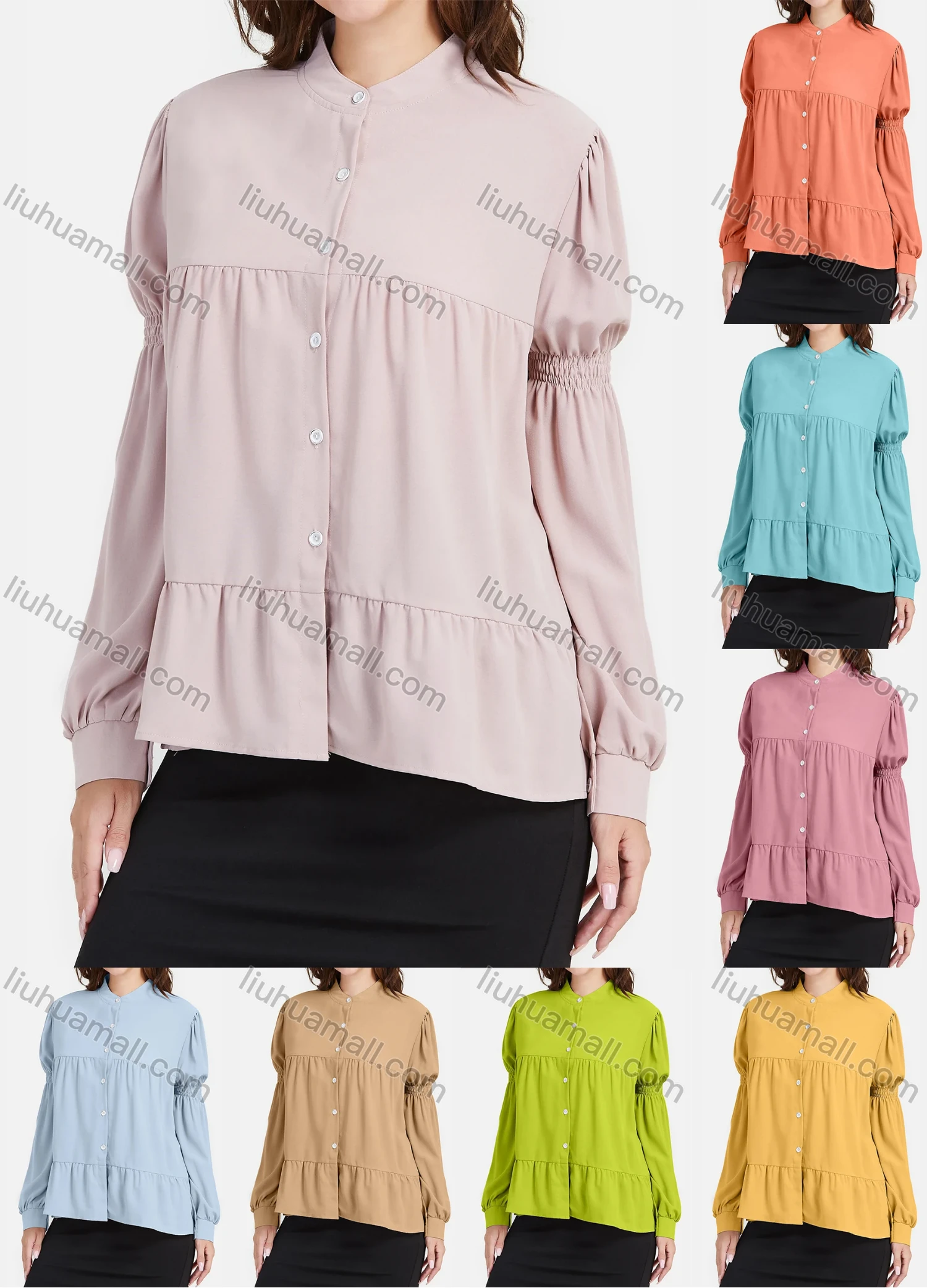 Wholesale Women's Causal Plain Puff Sleeve Ruffle Hem Button Down Shirt - Liuhuamall