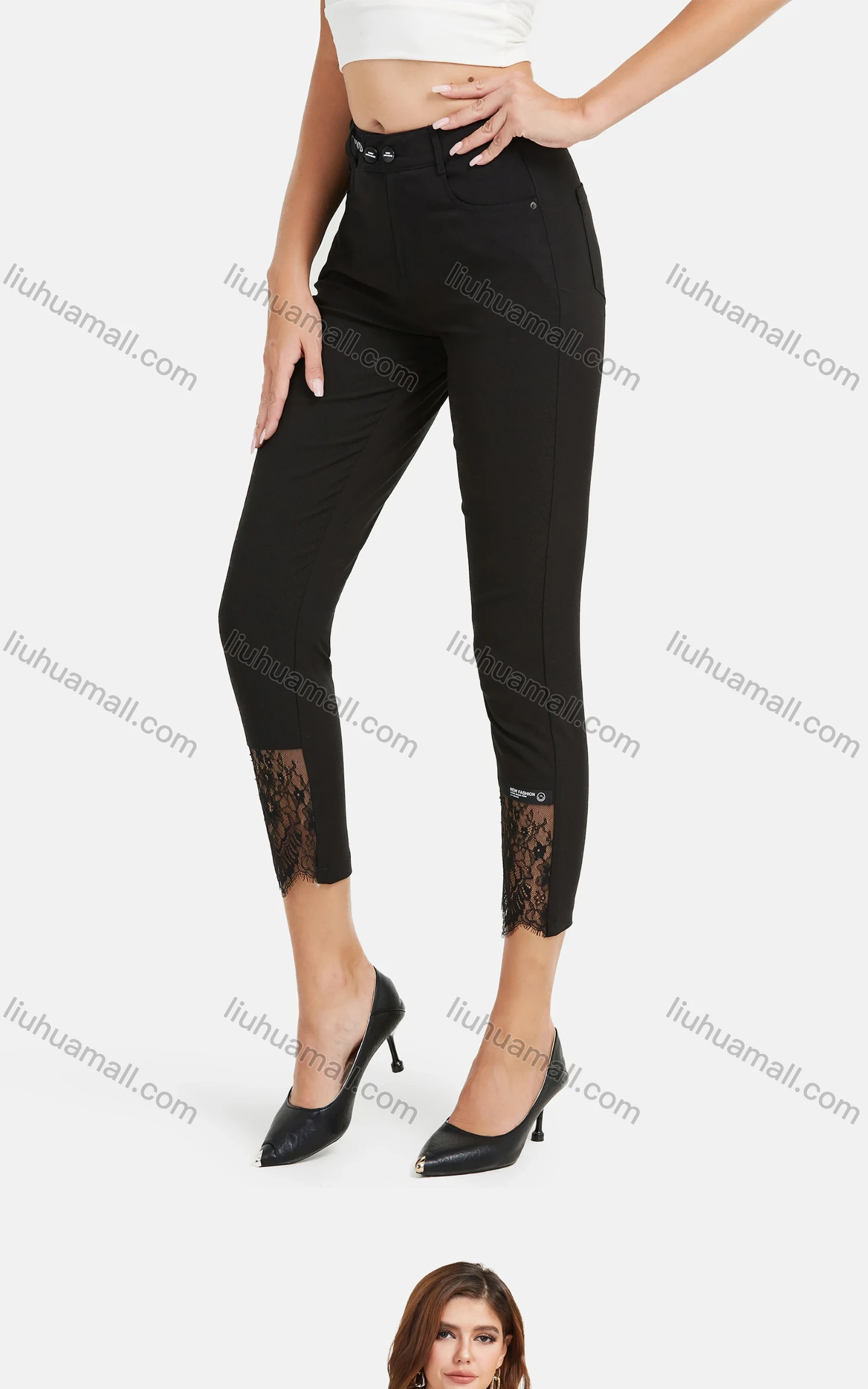 Wholesale Women's Autumn Solid Floral Lace Button Closure Casual Cropped Pants - Liuhuamall