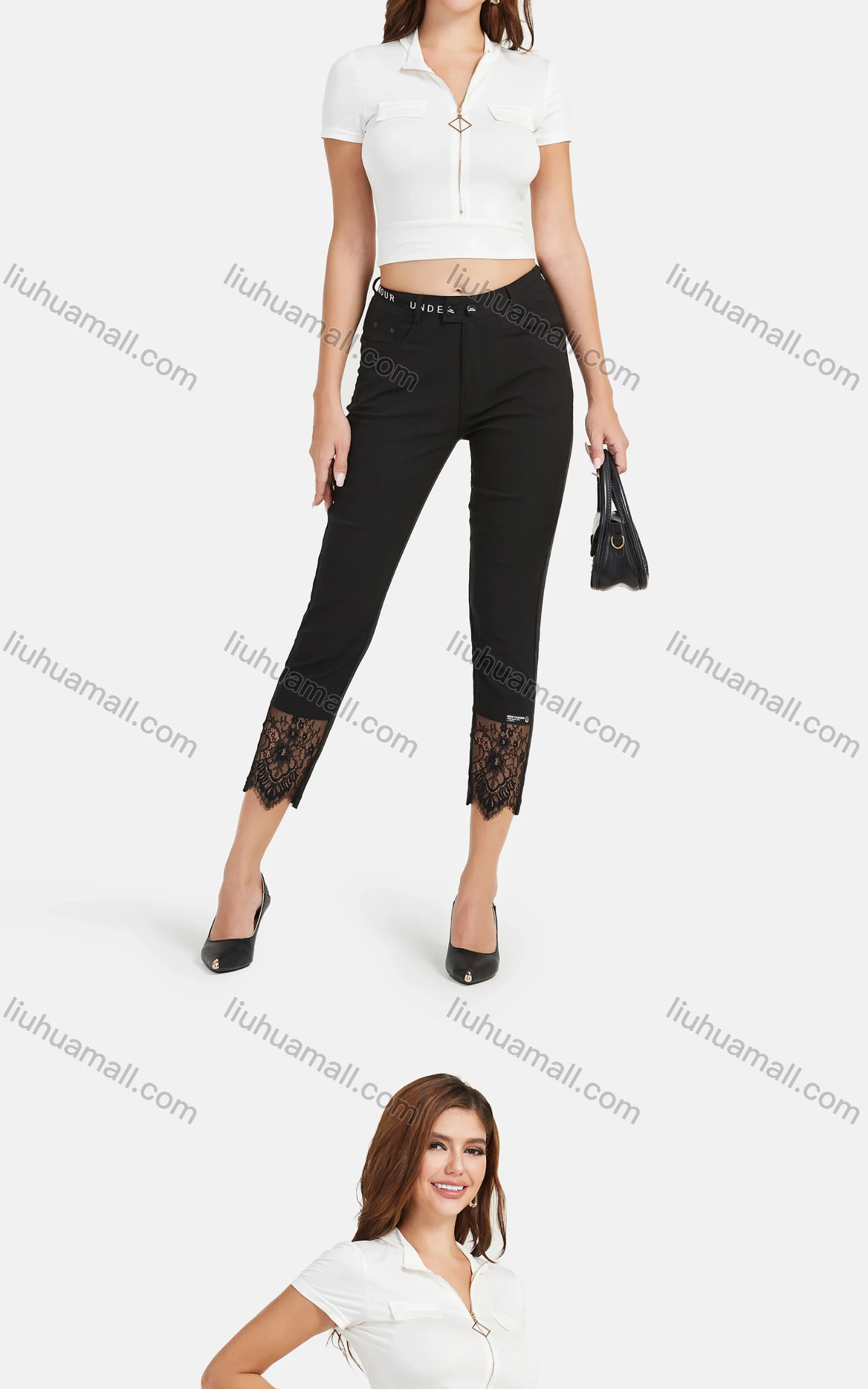 Wholesale Women's Autumn Solid Floral Lace Button Closure Casual Cropped Pants - Liuhuamall