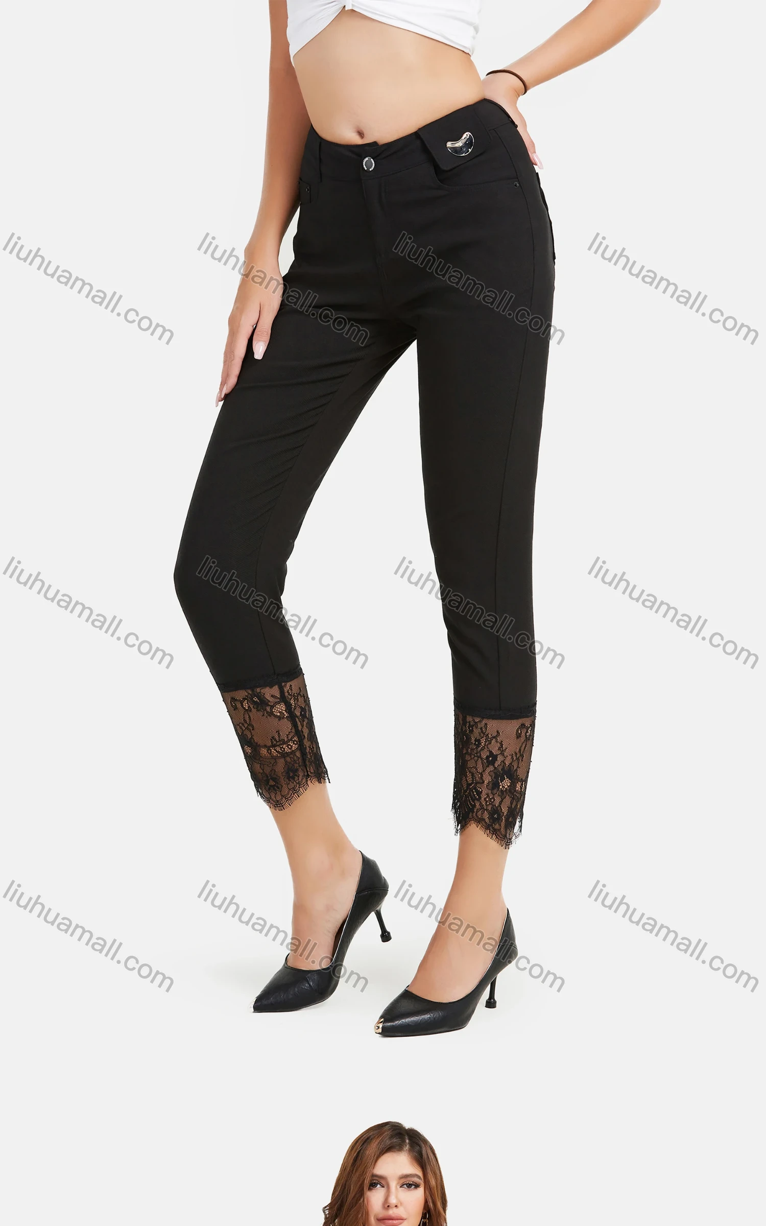 Wholesale Women's Autumn Solid Button Closure Floral Lace Casual Pencil Pants - Liuhuamall