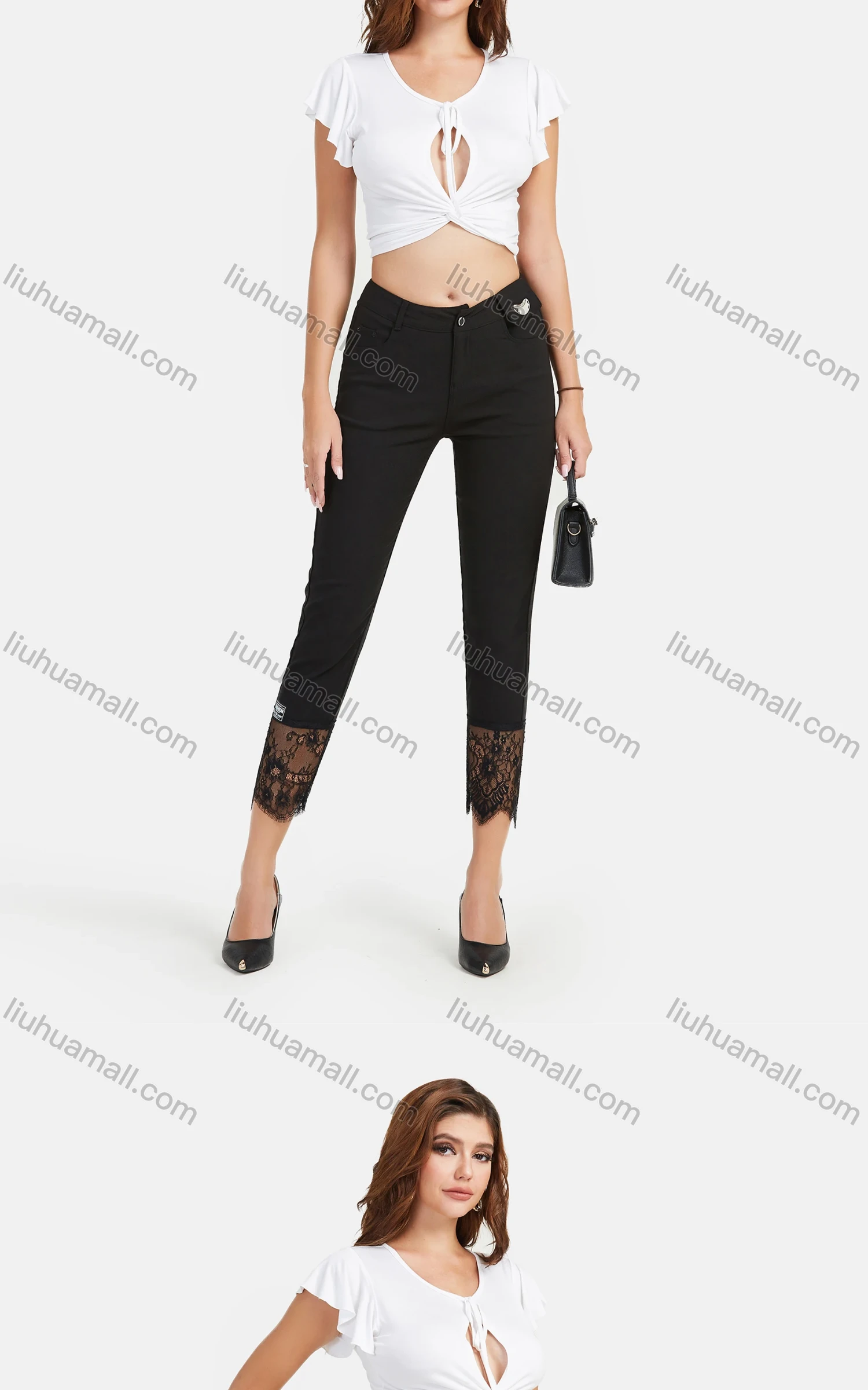 Wholesale Women's Autumn Solid Button Closure Floral Lace Casual Pencil Pants - Liuhuamall