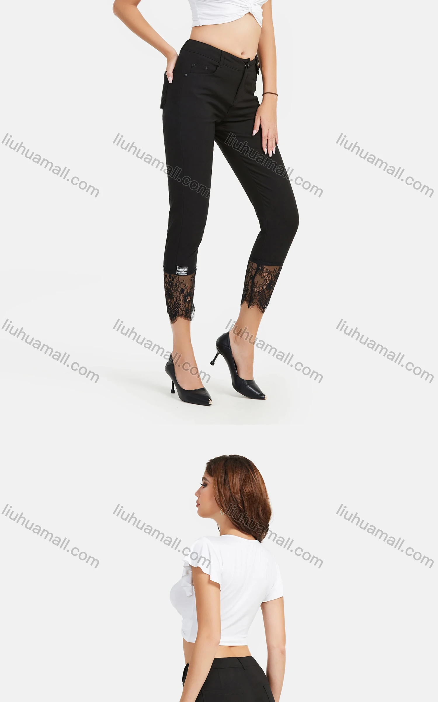 Wholesale Women's Autumn Solid Button Closure Floral Lace Casual Pencil Pants - Liuhuamall