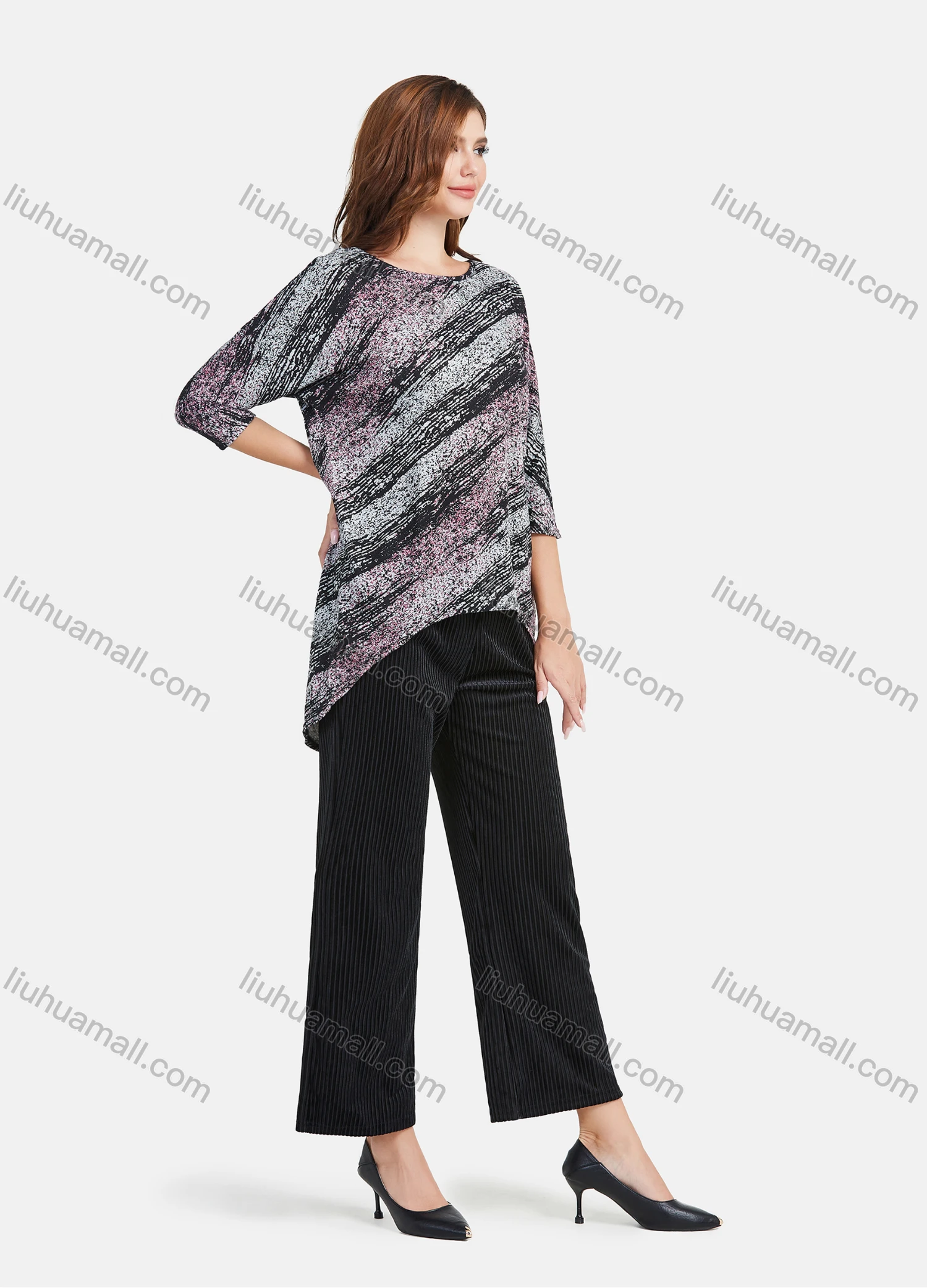 Wholesale Women's Casual Allover Abstract Print Round Neck 3/4 Sleeve Loose Fit High Low Hem Blouse - Liuhuamall