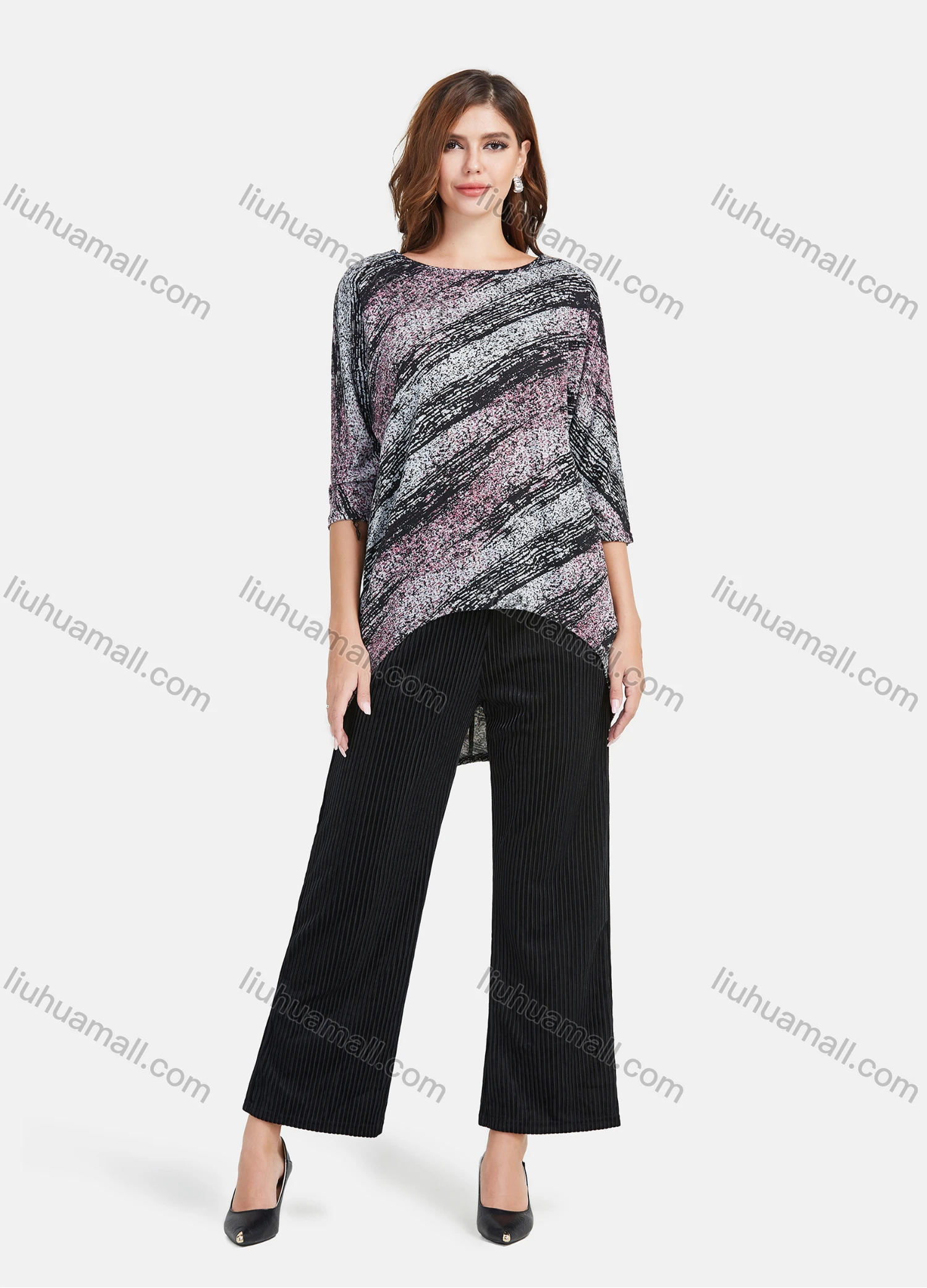 Wholesale Women's Casual Allover Abstract Print Round Neck 3/4 Sleeve Loose Fit High Low Hem Blouse - Liuhuamall