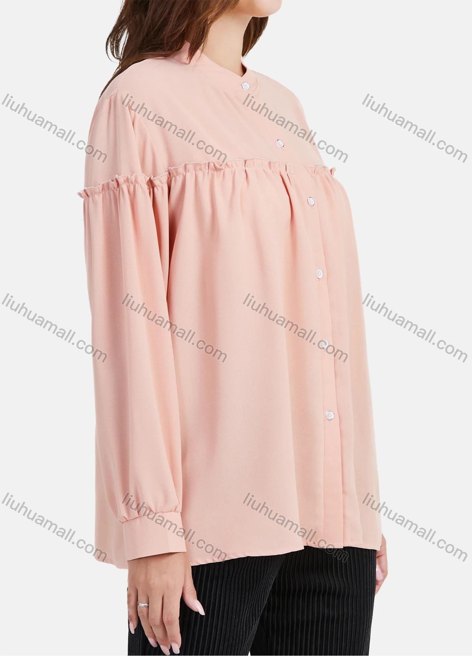 Wholesale Women's Chiffon Crew Neck Long Sleeve Button Down Ruffle Trim Plain Shirt - Liuhuamall
