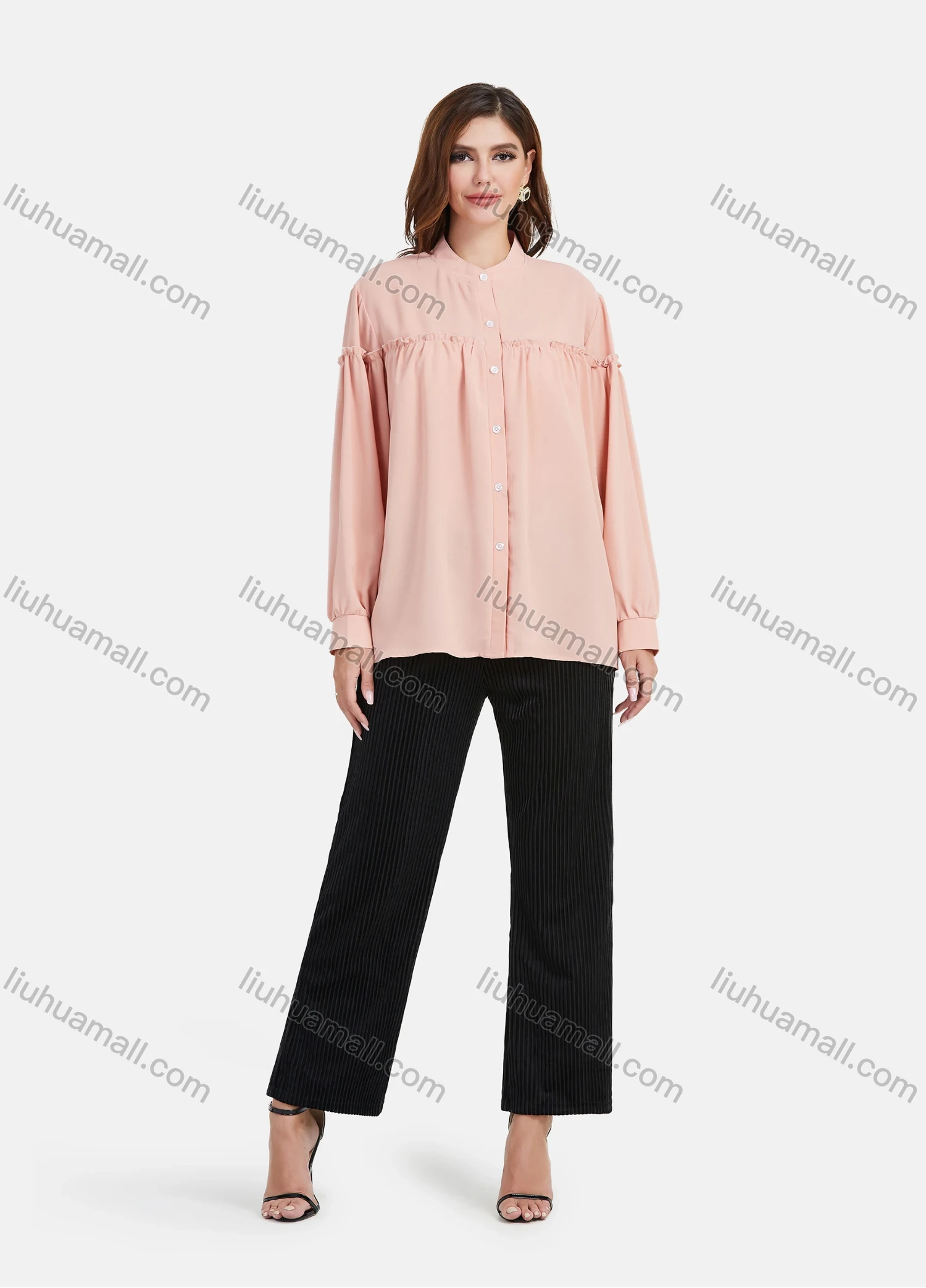 Wholesale Women's Chiffon Crew Neck Long Sleeve Button Down Ruffle Trim Plain Shirt - Liuhuamall