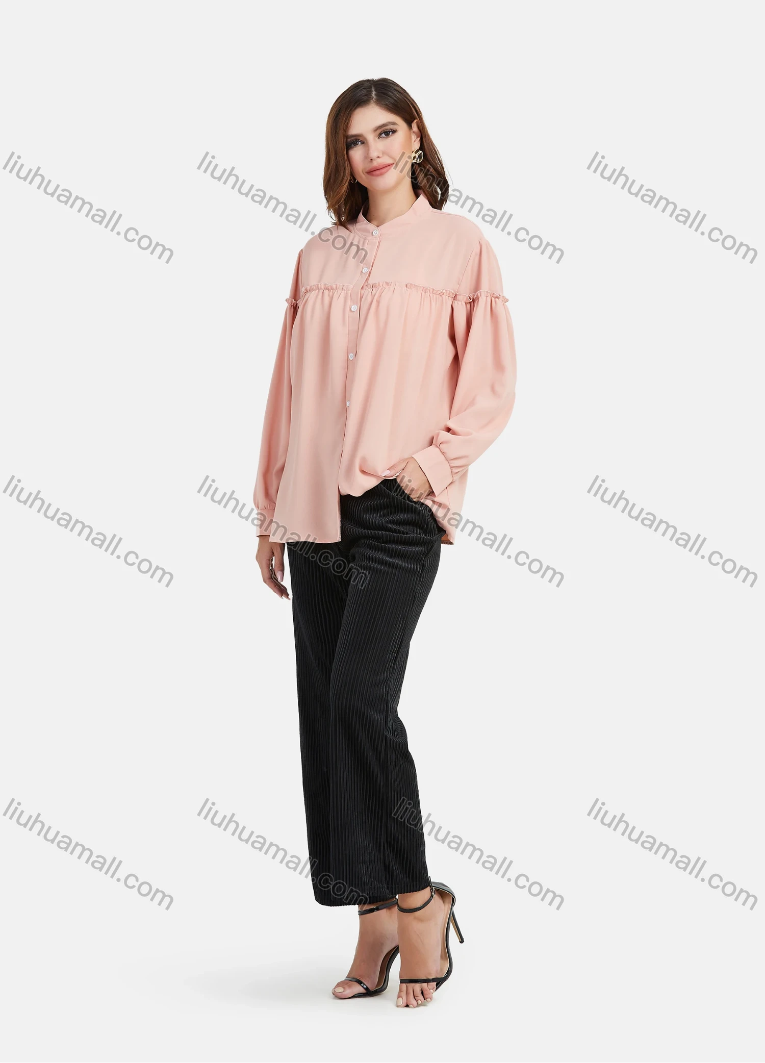 Wholesale Women's Chiffon Crew Neck Long Sleeve Button Down Ruffle Trim Plain Shirt - Liuhuamall