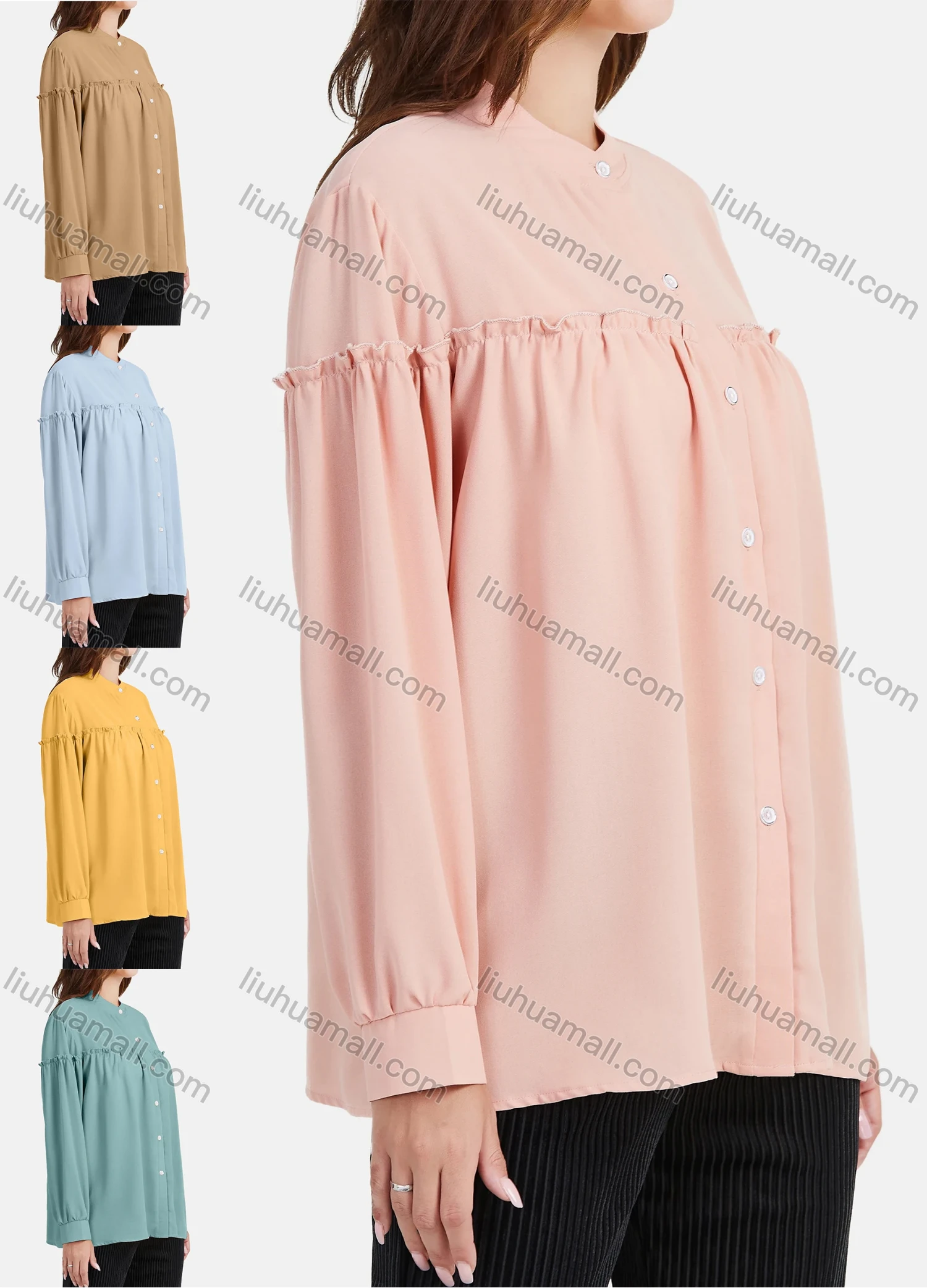 Wholesale Women's Chiffon Crew Neck Long Sleeve Button Down Ruffle Trim Plain Shirt - Liuhuamall