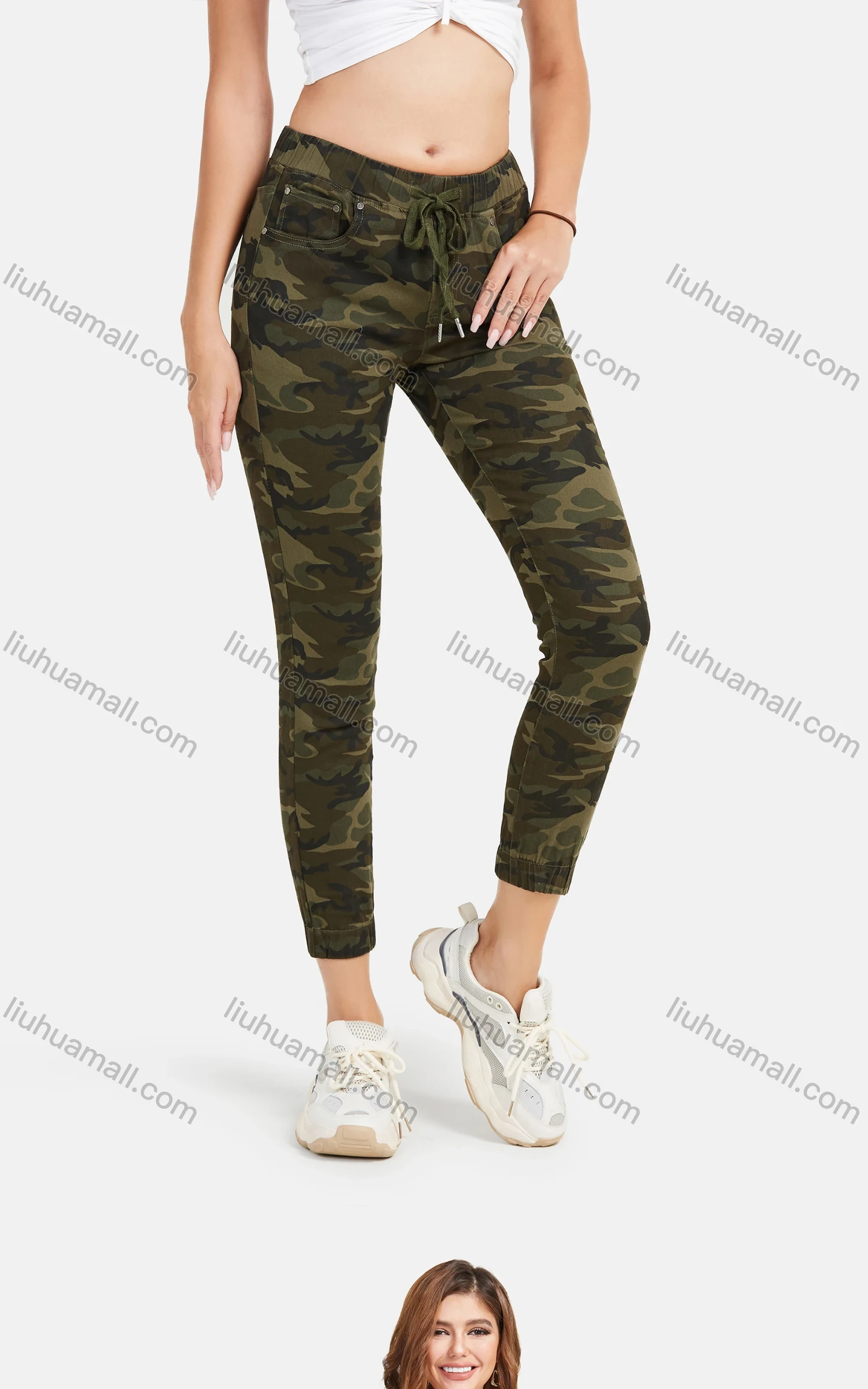 Wholesale Women's Autumn Camo Drawstring Waist Casual Cropped Pants - Liuhuamall