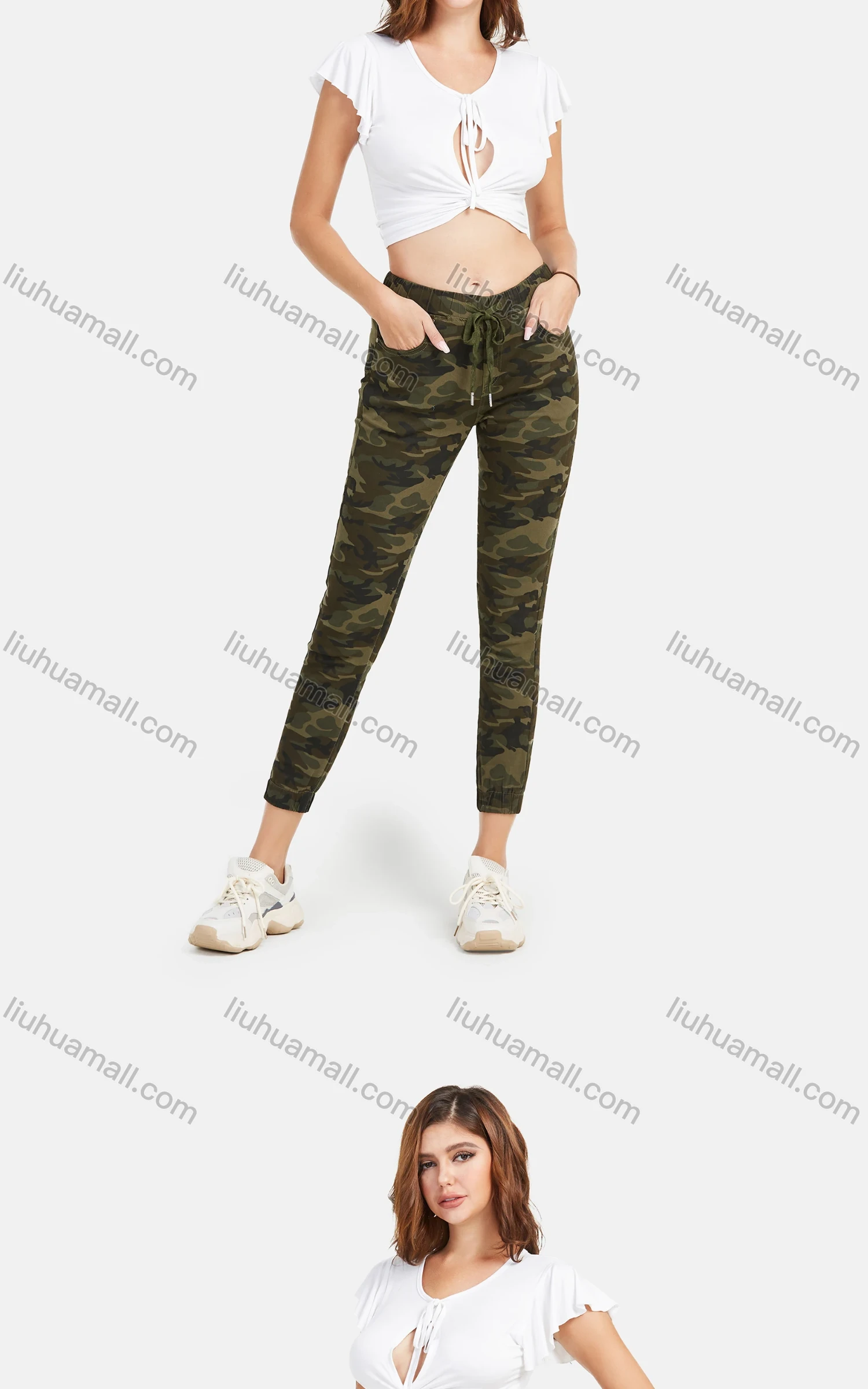 Wholesale Women's Autumn Camo Drawstring Waist Casual Cropped Pants - Liuhuamall