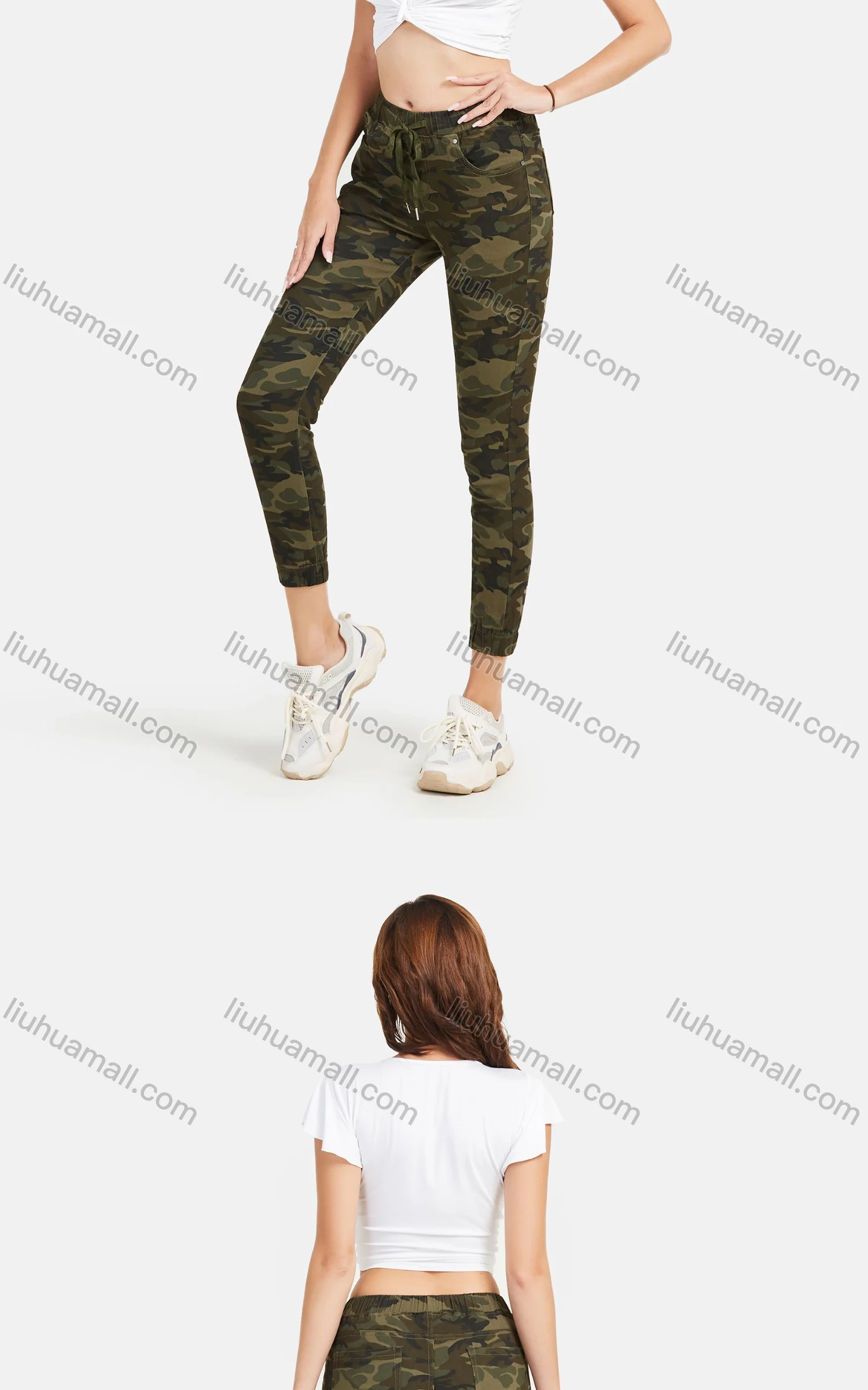 Wholesale Women's Autumn Camo Drawstring Waist Casual Cropped Pants - Liuhuamall