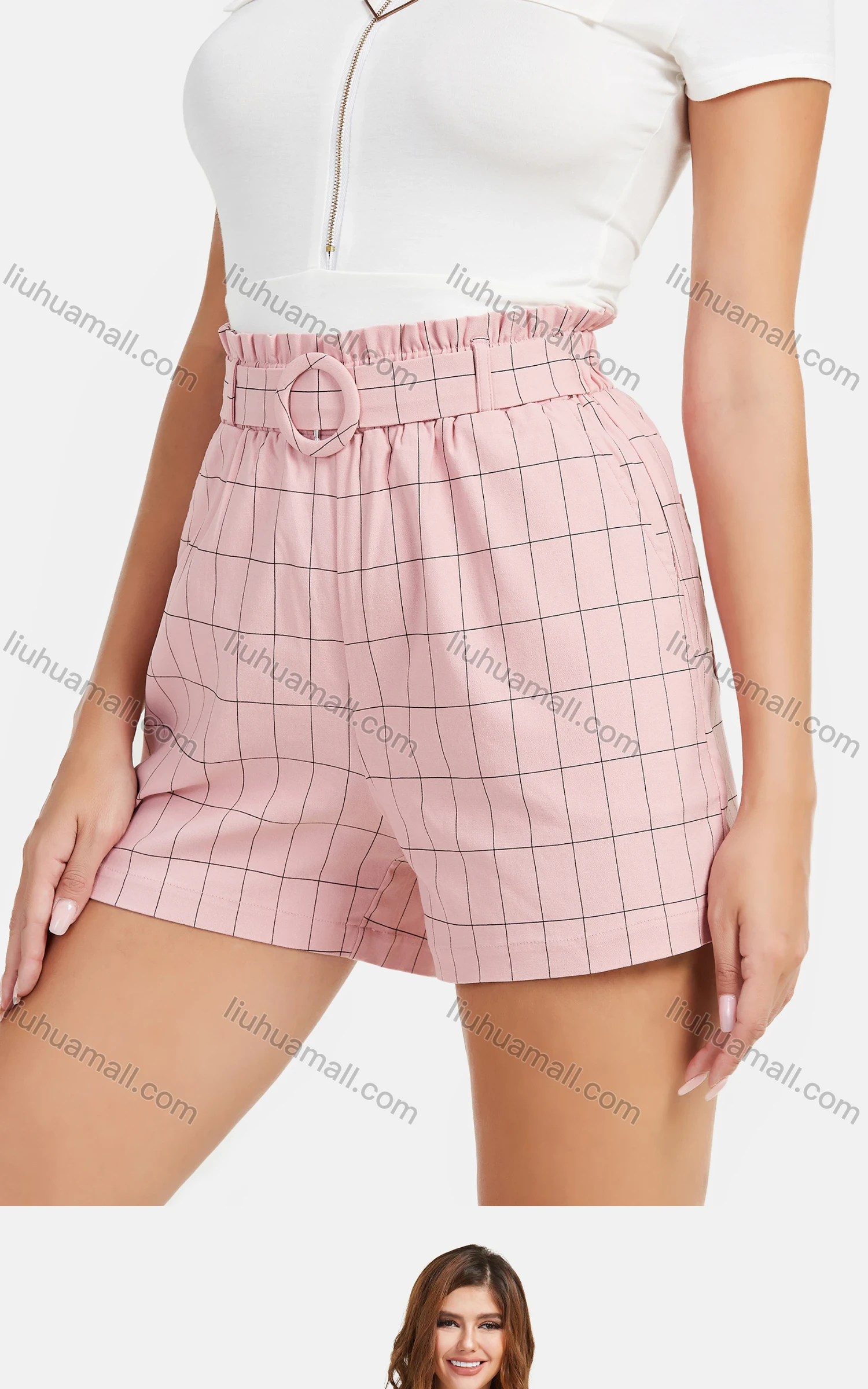 Wholesale Women's Summer Double Pocket Plaid High Waist Shorts With Belt With Belt - Liuhuamall