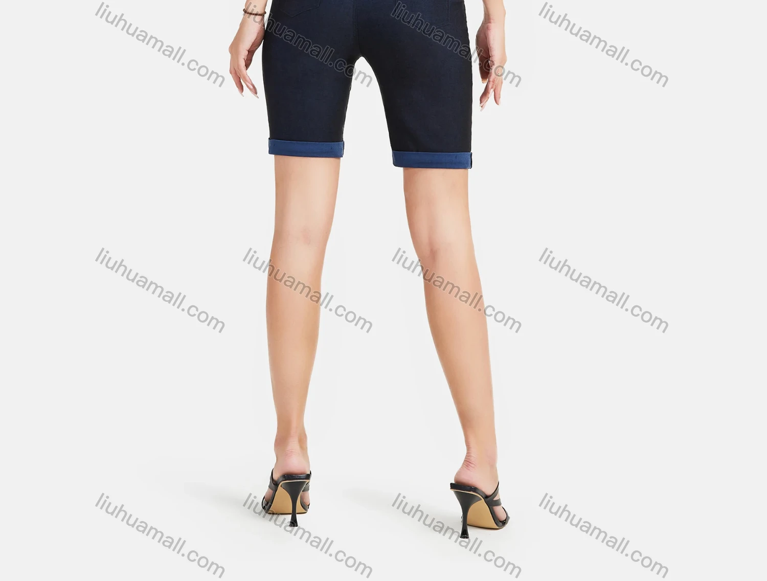 Wholesale Women's Summer Metal Chain Button Front High Waist Folded Hem Demin Bermuda Shorts - Liuhuamall