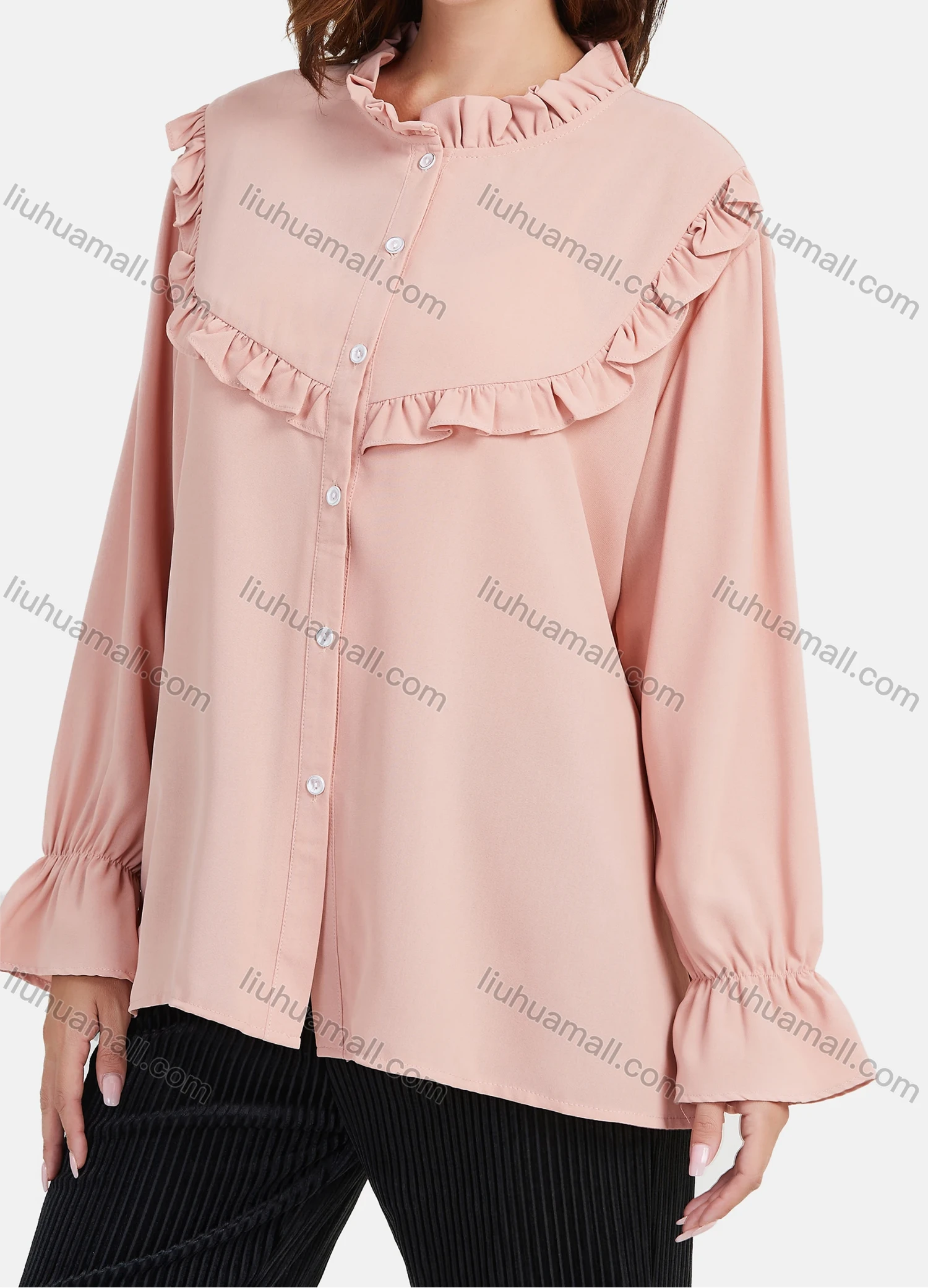 Wholesale Women's Chiffon Long Sleeve Ruffle Trim Button Down Plain Shirt - Liuhuamall