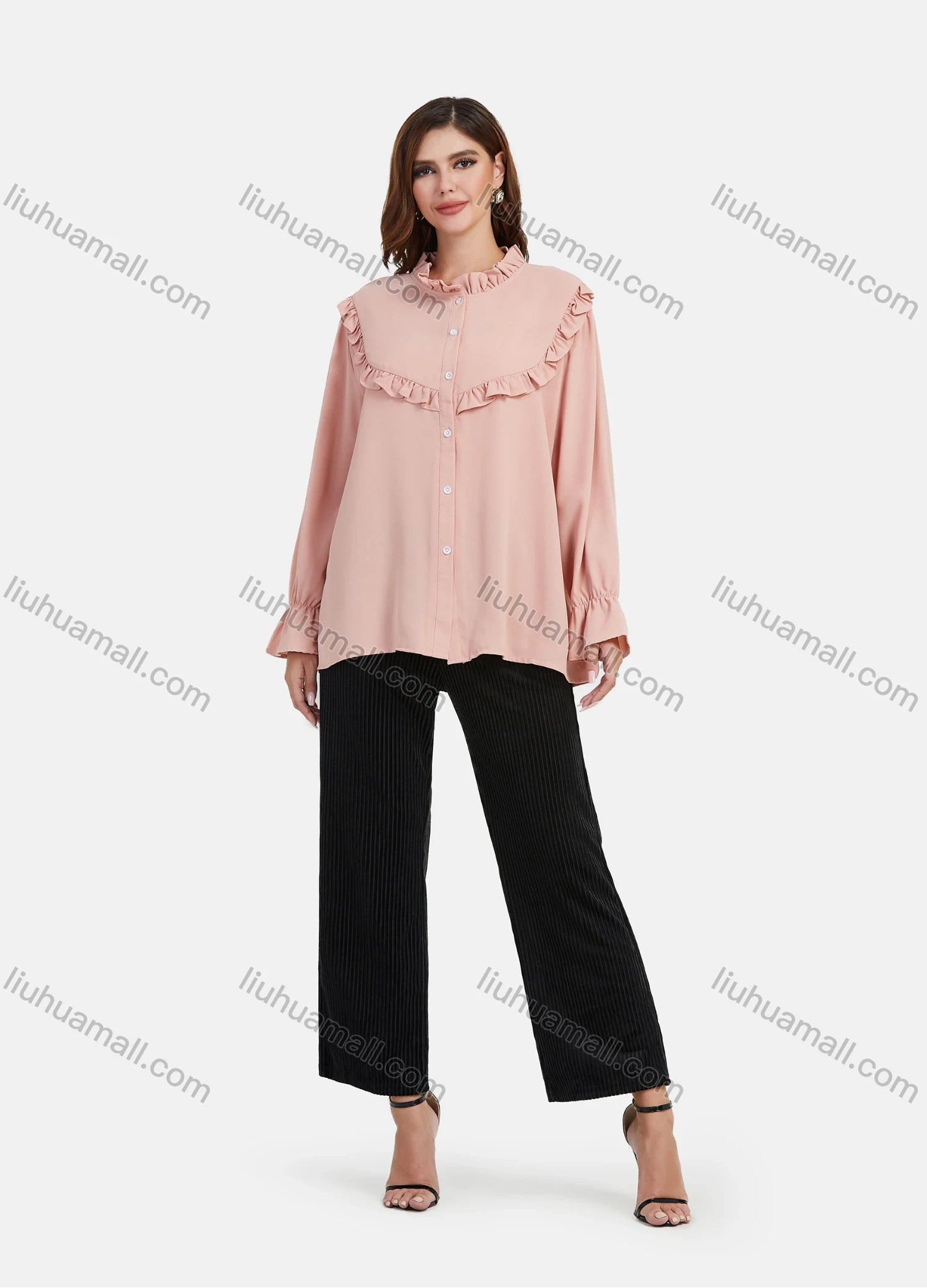 Wholesale Women's Chiffon Long Sleeve Ruffle Trim Button Down Plain Shirt - Liuhuamall