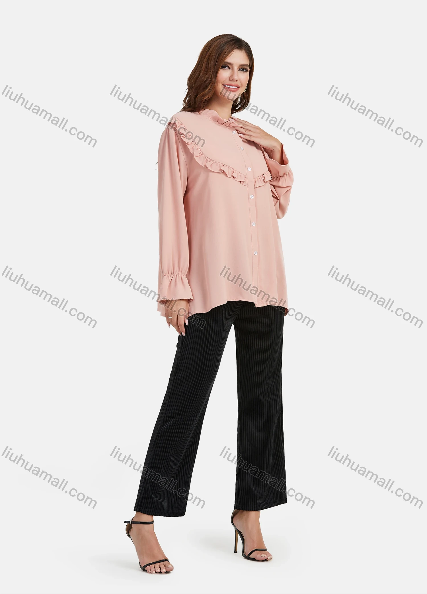 Wholesale Women's Chiffon Long Sleeve Ruffle Trim Button Down Plain Shirt - Liuhuamall