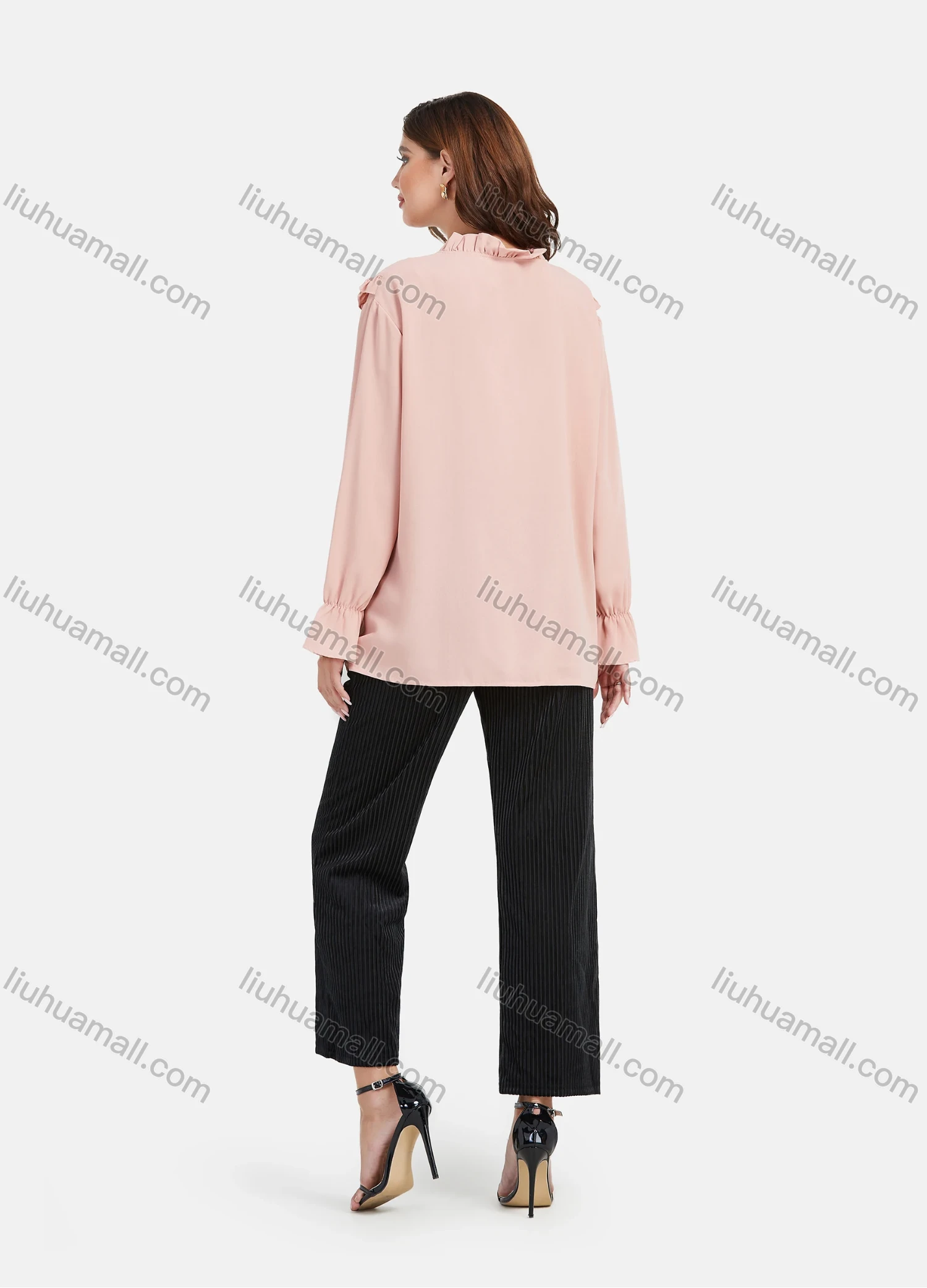 Wholesale Women's Chiffon Long Sleeve Ruffle Trim Button Down Plain Shirt - Liuhuamall