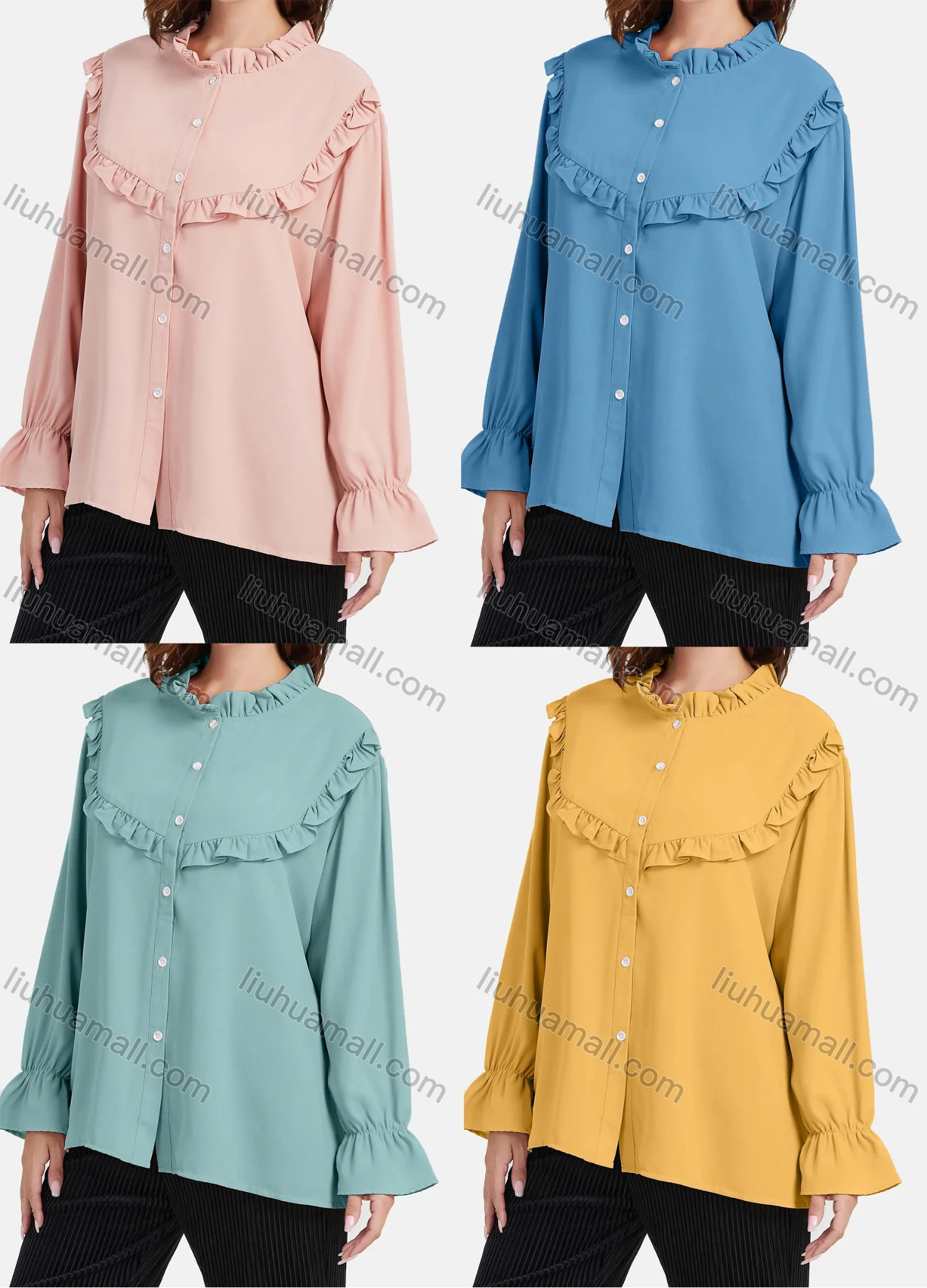 Wholesale Women's Chiffon Long Sleeve Ruffle Trim Button Down Plain Shirt - Liuhuamall