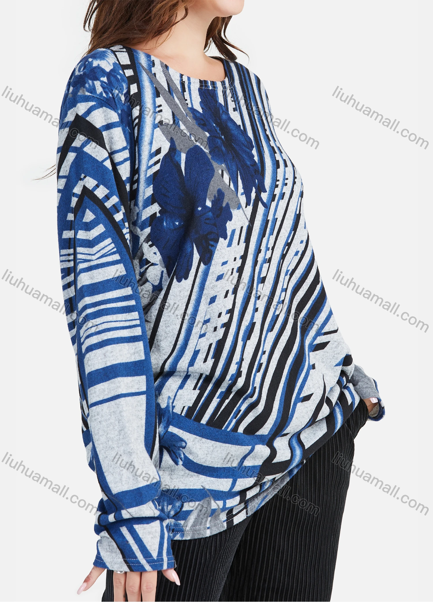 Wholesale Women's Casual Allover Abstract Print Round Neck Long Sleeve Loose Fit Mid Length Blouse - Liuhuamall