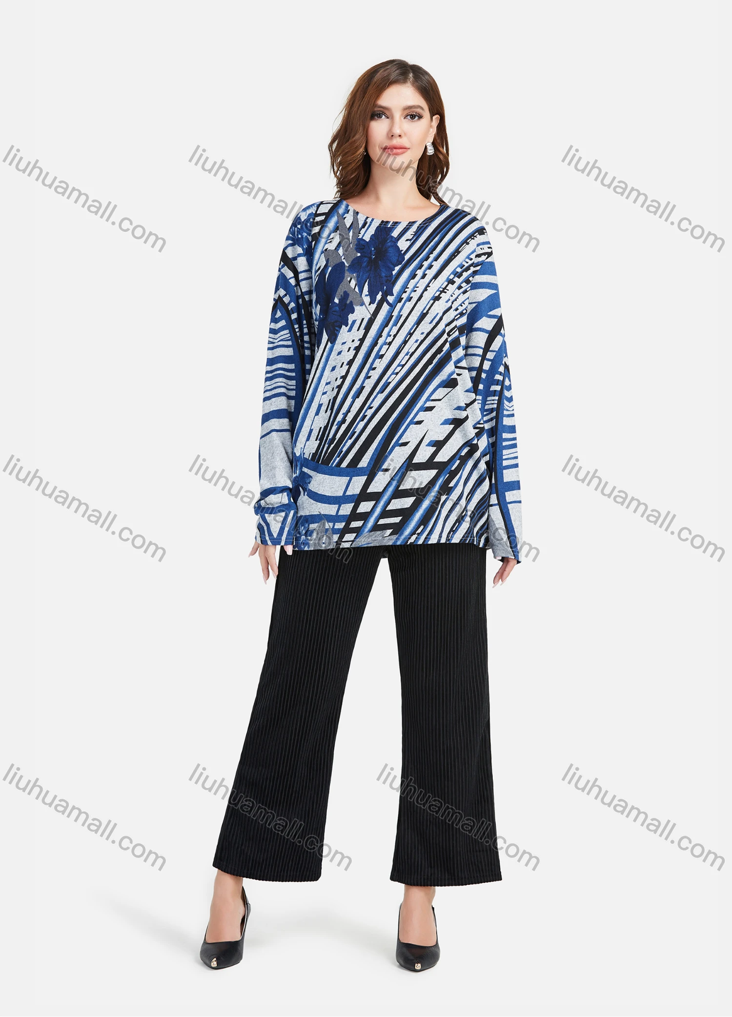 Wholesale Women's Casual Allover Abstract Print Round Neck Long Sleeve Loose Fit Mid Length Blouse - Liuhuamall
