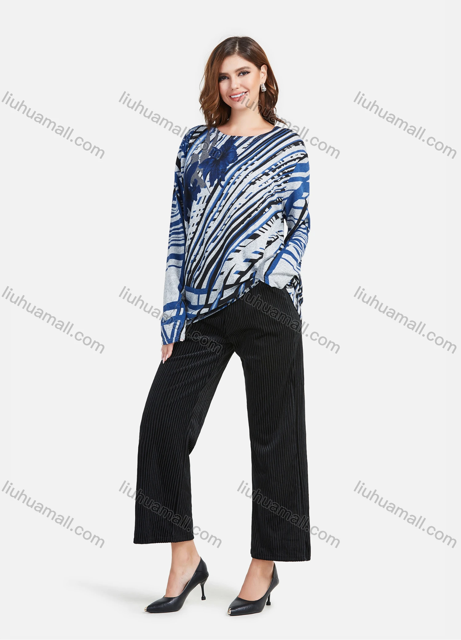Wholesale Women's Casual Allover Abstract Print Round Neck Long Sleeve Loose Fit Mid Length Blouse - Liuhuamall