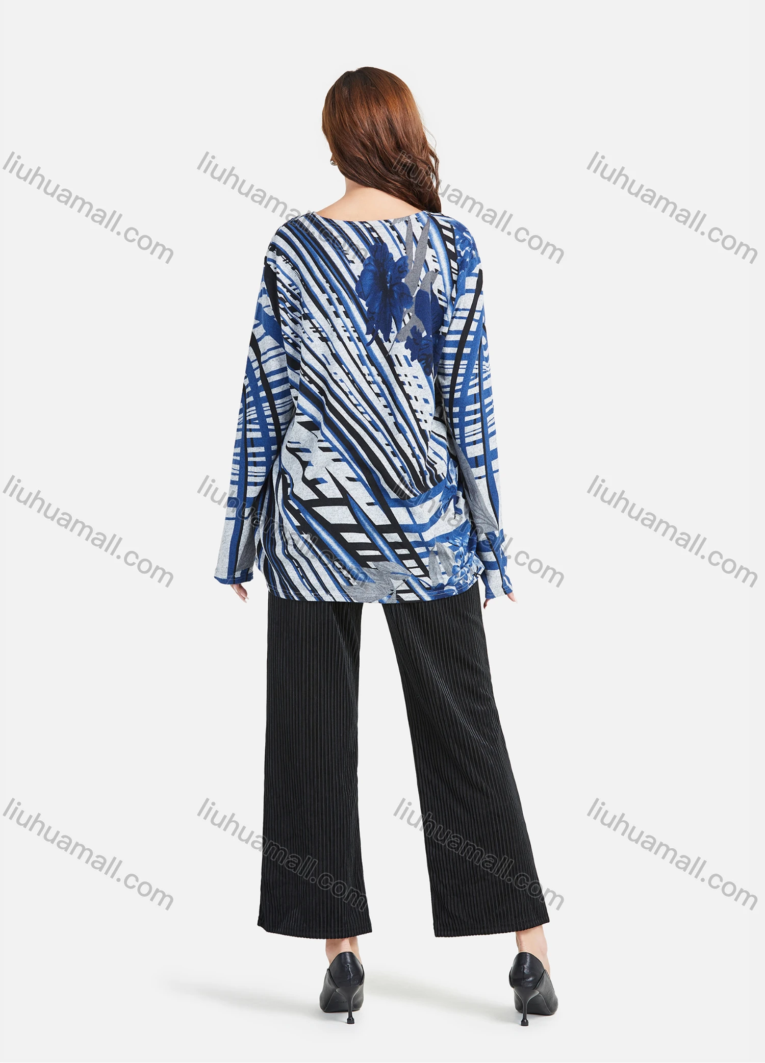 Wholesale Women's Casual Allover Abstract Print Round Neck Long Sleeve Loose Fit Mid Length Blouse - Liuhuamall