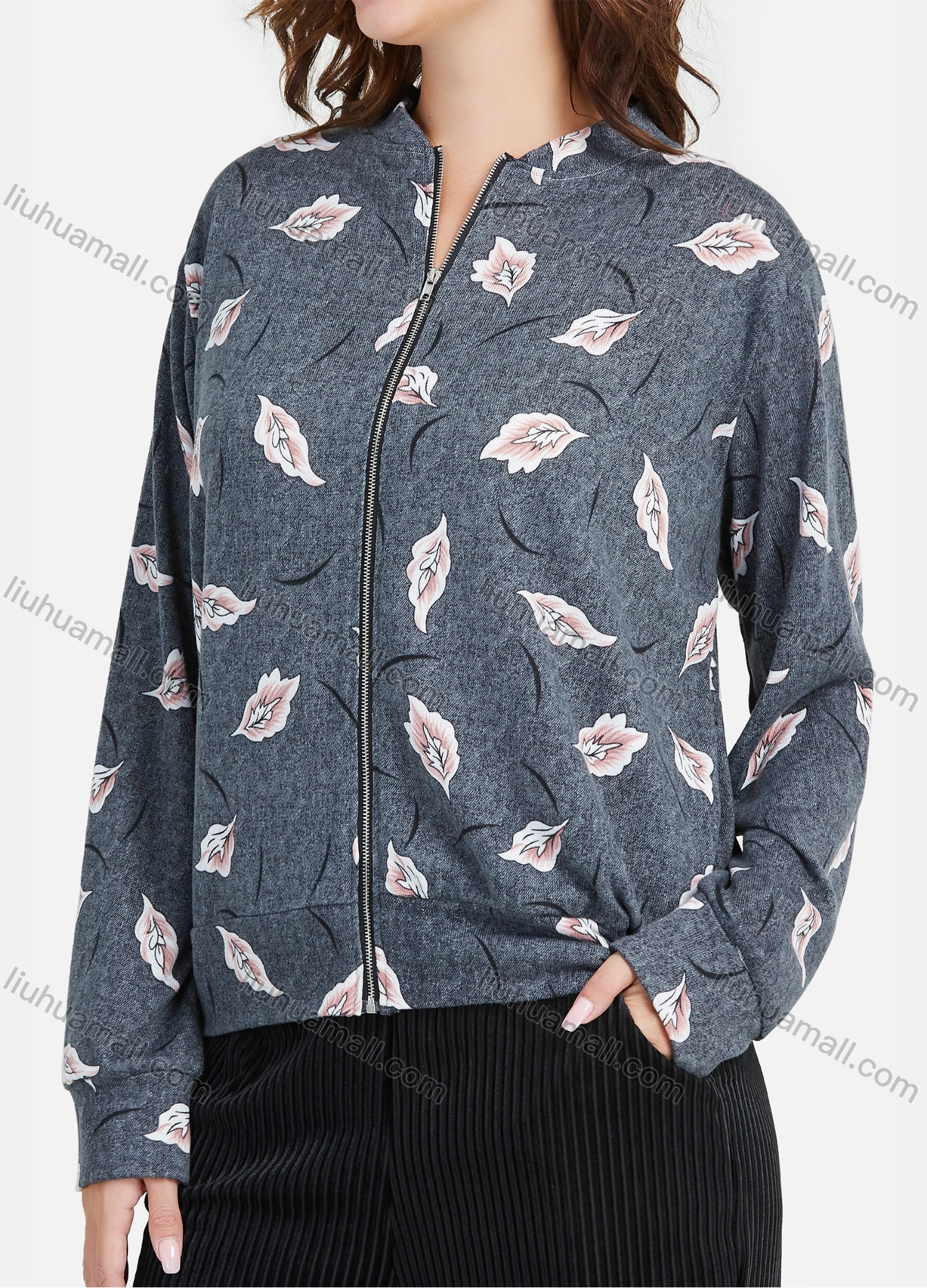 Wholesale Women's Casual Long Sleeve Stand Collar Leaf Print Zipper Jacket - Liuhuamall