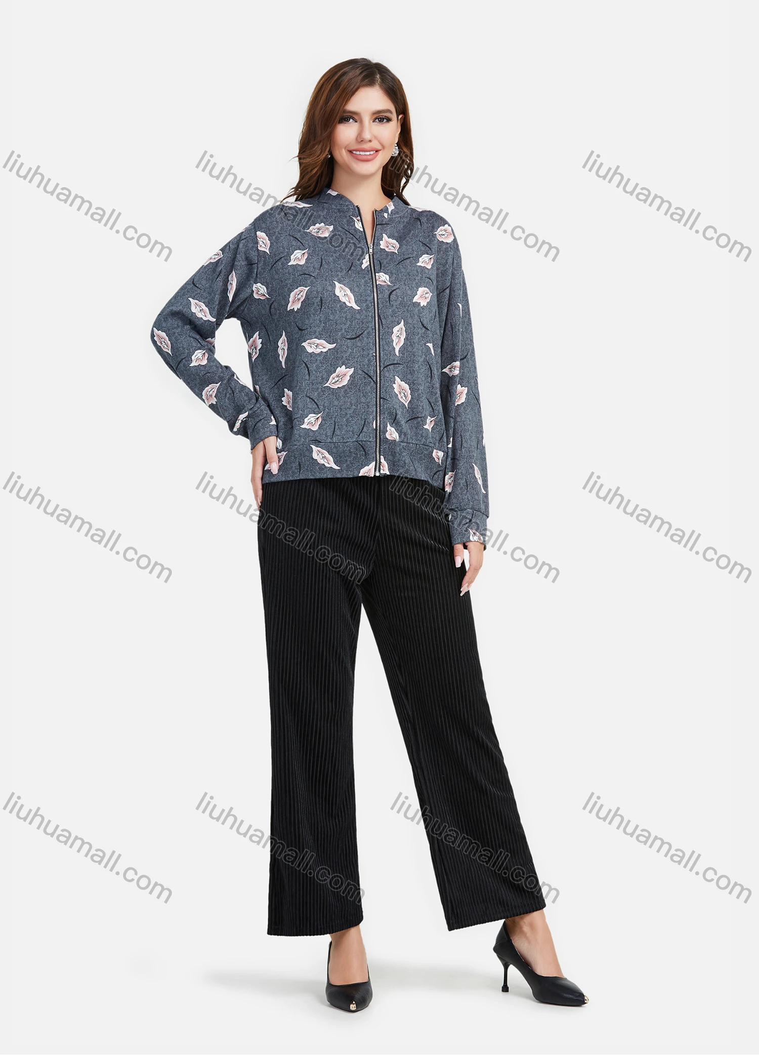 Wholesale Women's Casual Long Sleeve Stand Collar Leaf Print Zipper Jacket - Liuhuamall