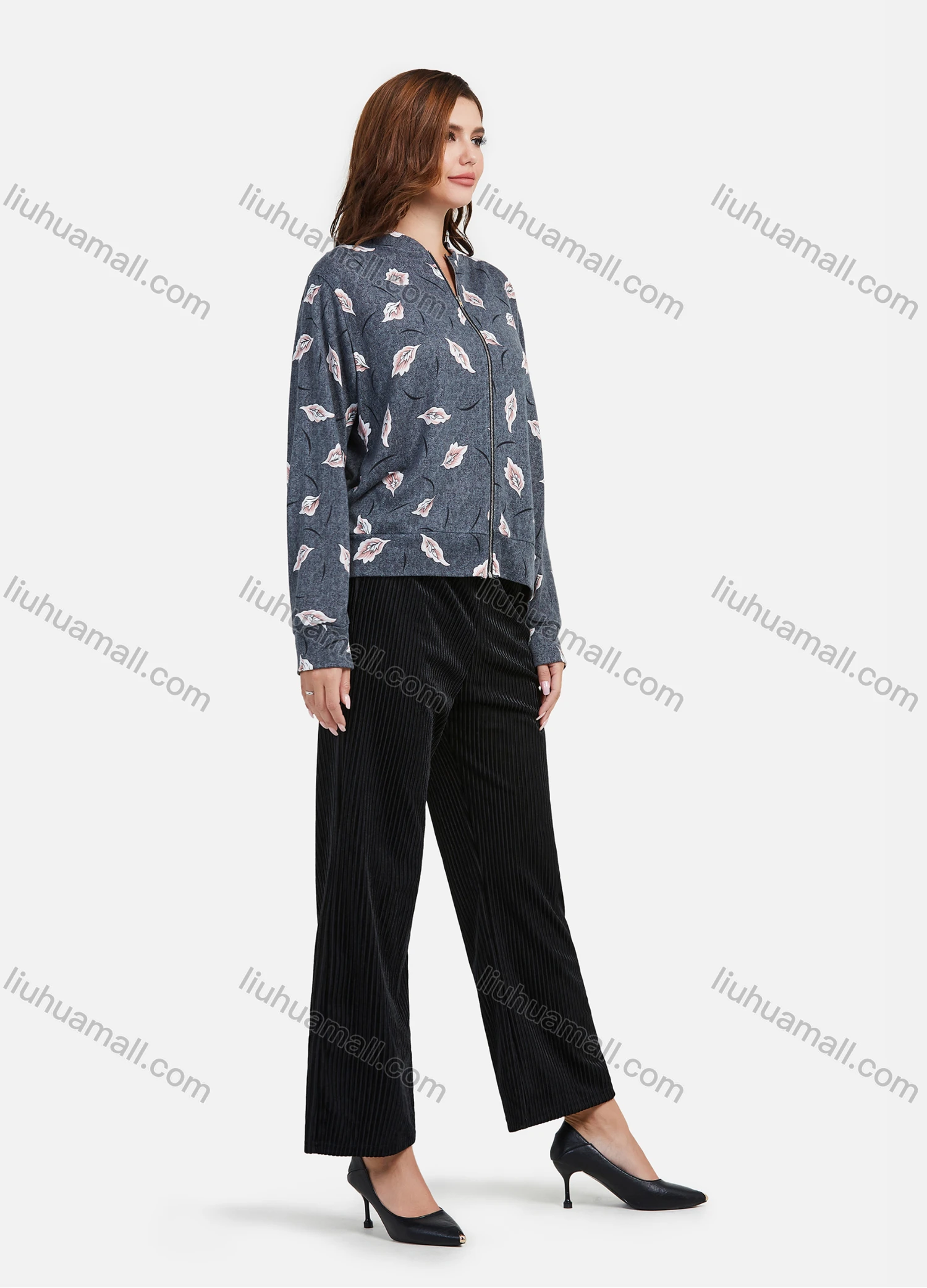 Wholesale Women's Casual Long Sleeve Stand Collar Leaf Print Zipper Jacket - Liuhuamall