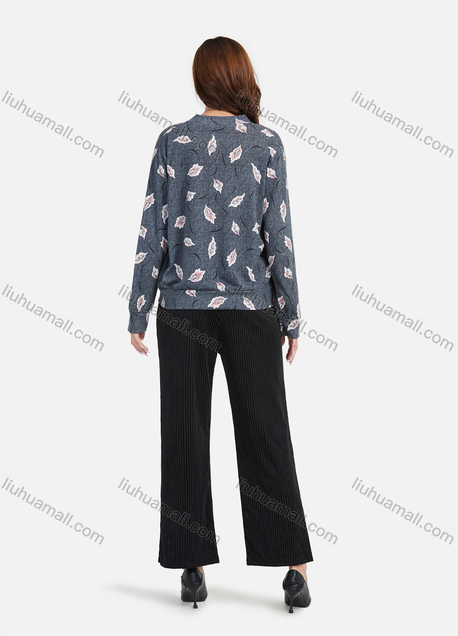 Wholesale Women's Casual Long Sleeve Stand Collar Leaf Print Zipper Jacket - Liuhuamall