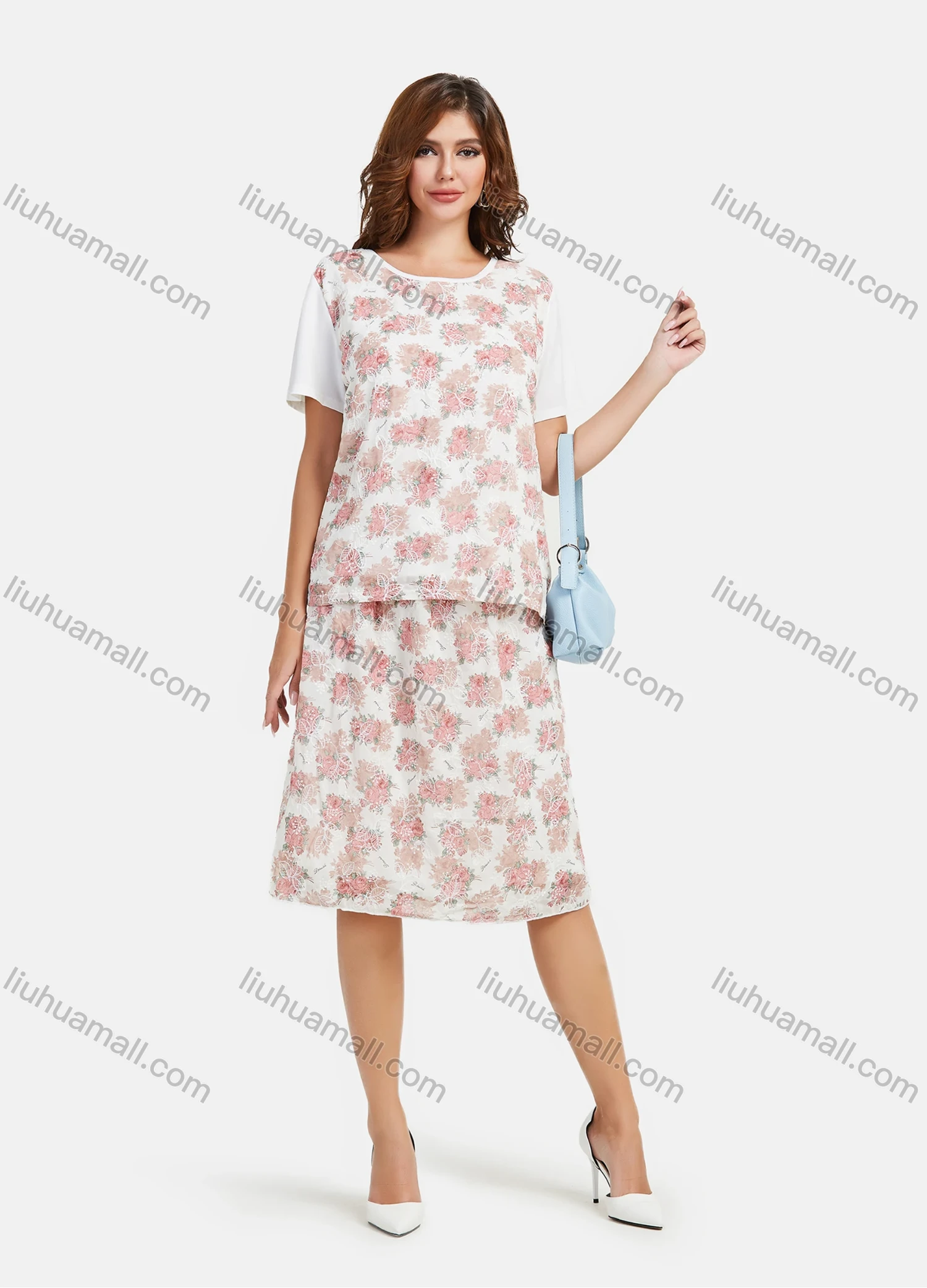 Wholesale Women's Casual Splicing Tee & Floral Print Midi Skirt Set - Liuhuamall