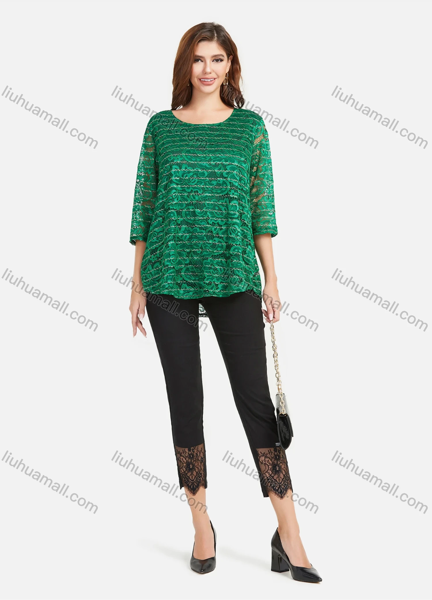 Wholesale Women's Plain Hollow Guipure Lace Embroiderey Tee & Lace Splicing Cropped Pant Set - Liuhuamall