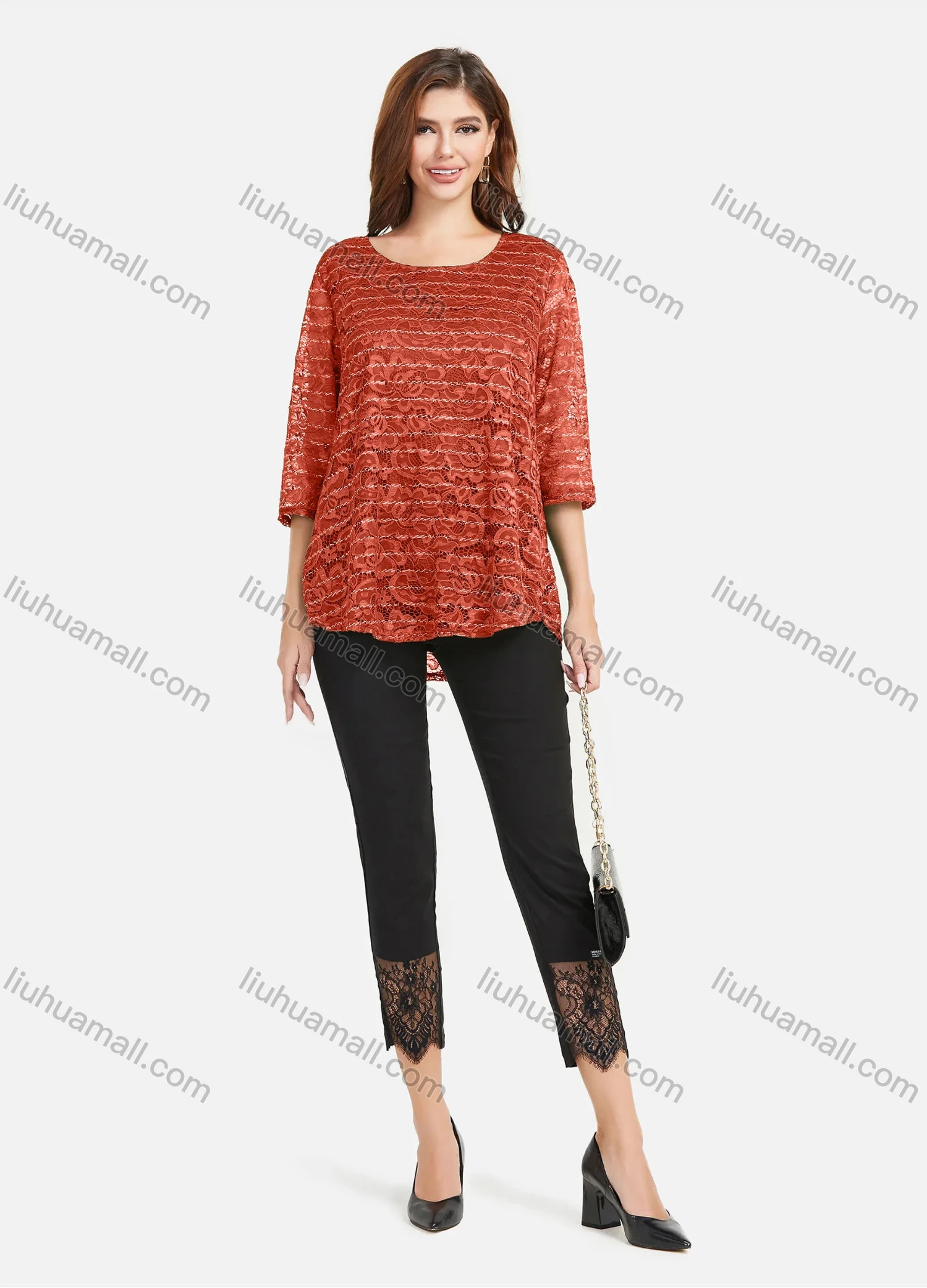 Wholesale Women's Plain Hollow Guipure Lace Embroiderey Tee & Lace Splicing Cropped Pant Set - Liuhuamall