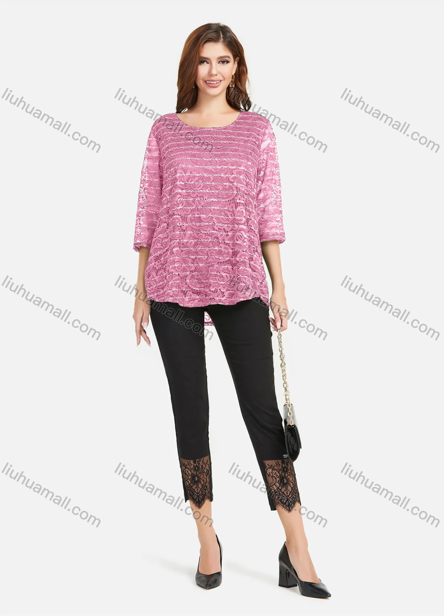 Wholesale Women's Plain Hollow Guipure Lace Embroiderey Tee & Lace Splicing Cropped Pant Set - Liuhuamall