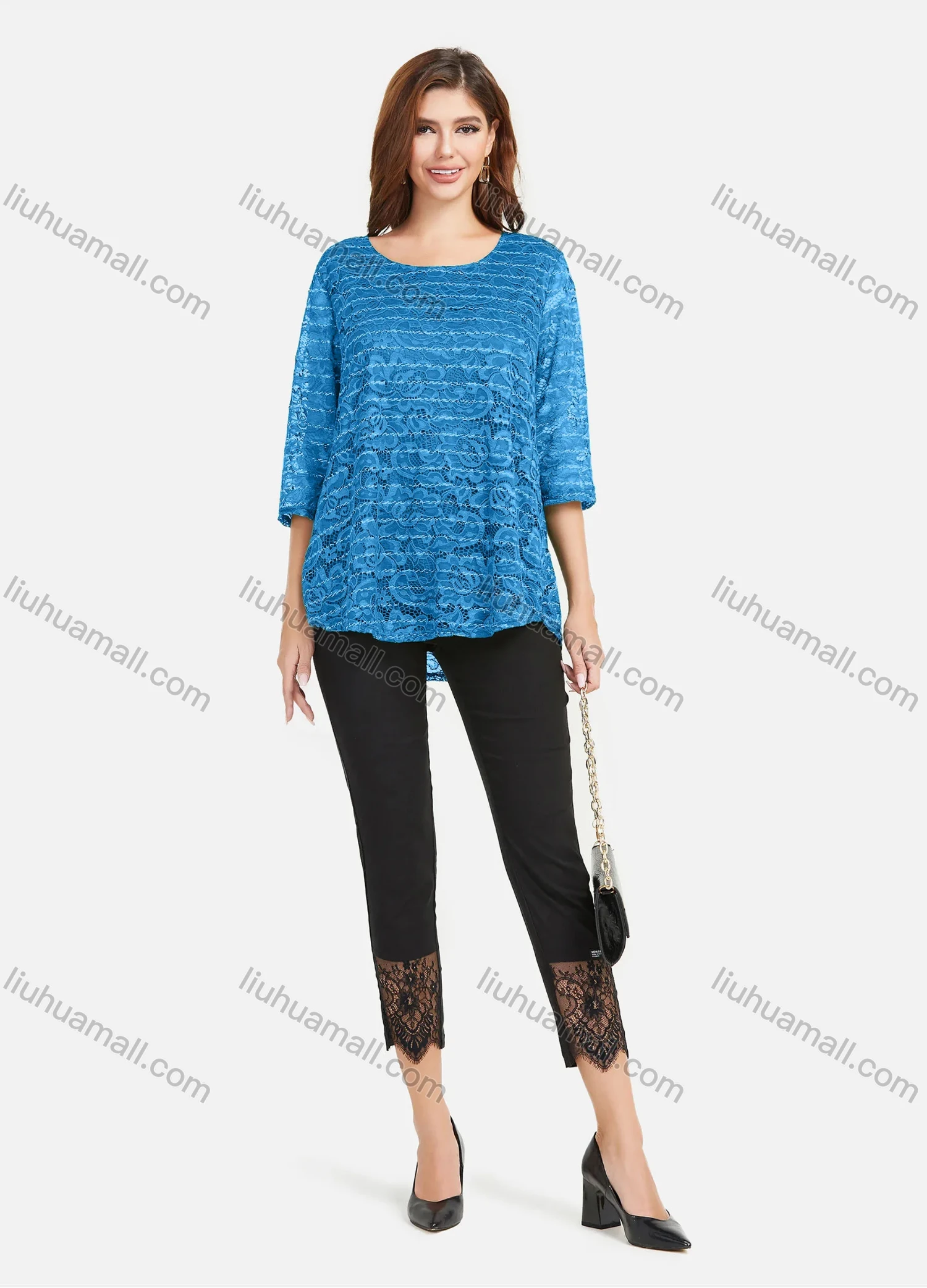 Wholesale Women's Plain Hollow Guipure Lace Embroiderey Tee & Lace Splicing Cropped Pant Set - Liuhuamall