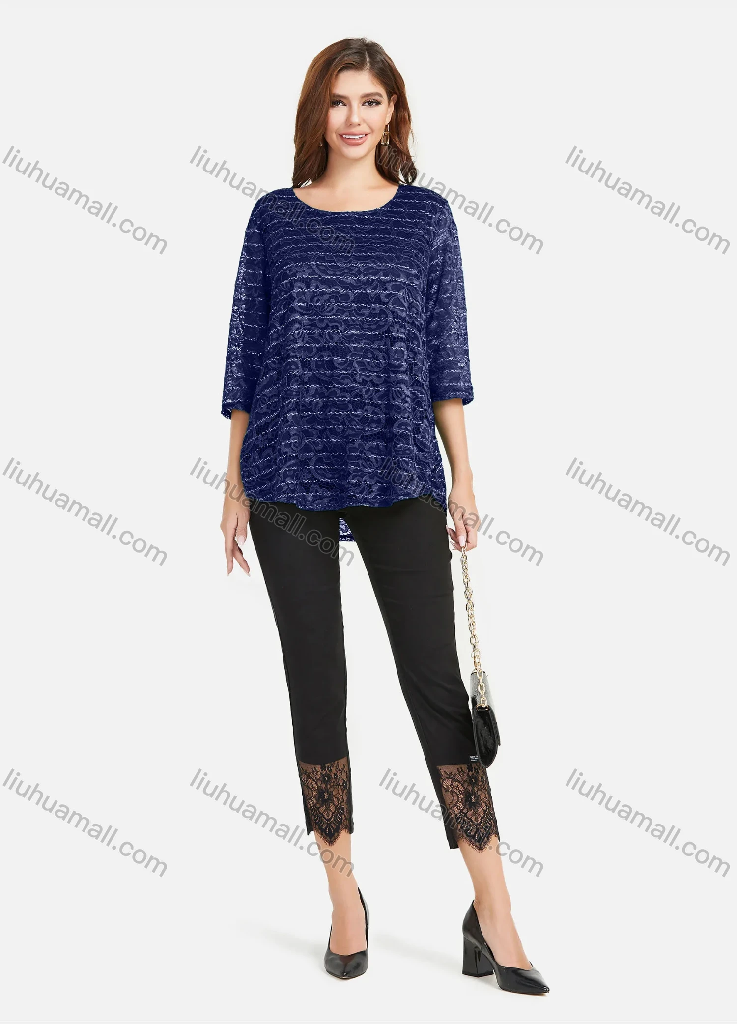 Wholesale Women's Plain Hollow Guipure Lace Embroiderey Tee & Lace Splicing Cropped Pant Set - Liuhuamall