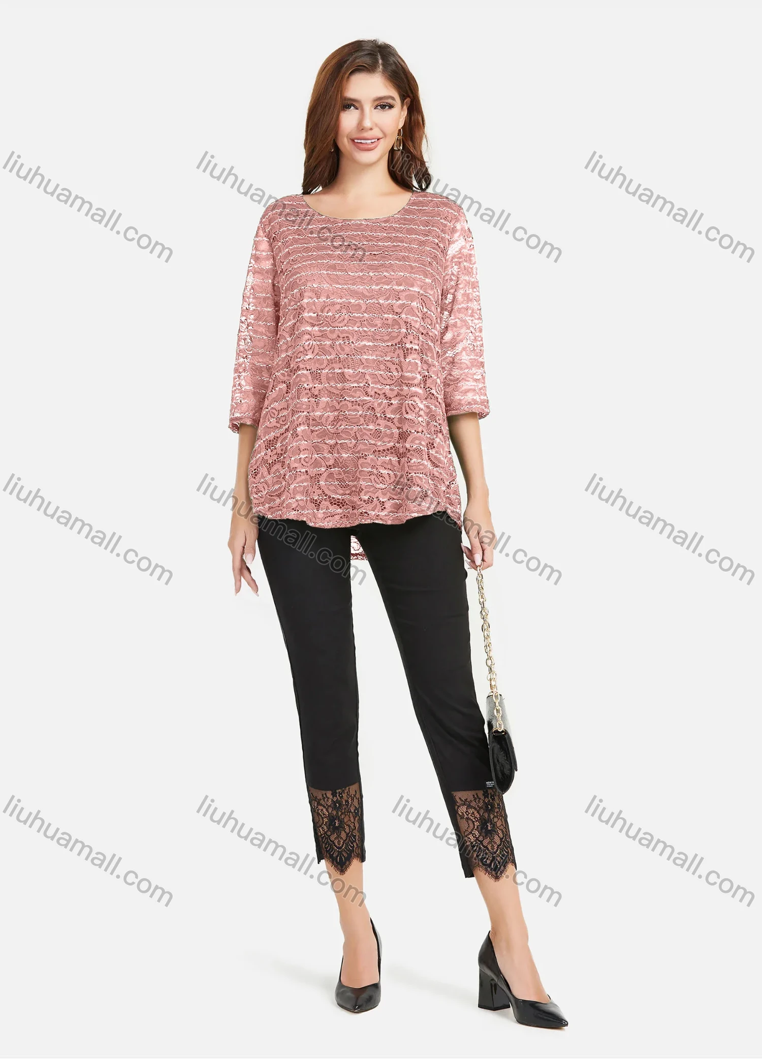 Wholesale Women's Plain Hollow Guipure Lace Embroiderey Tee & Lace Splicing Cropped Pant Set - Liuhuamall