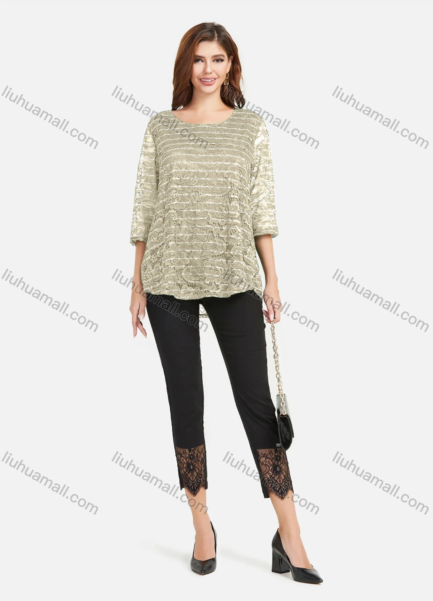 Wholesale Women's Plain Hollow Guipure Lace Embroiderey Tee & Lace Splicing Cropped Pant Set - Liuhuamall