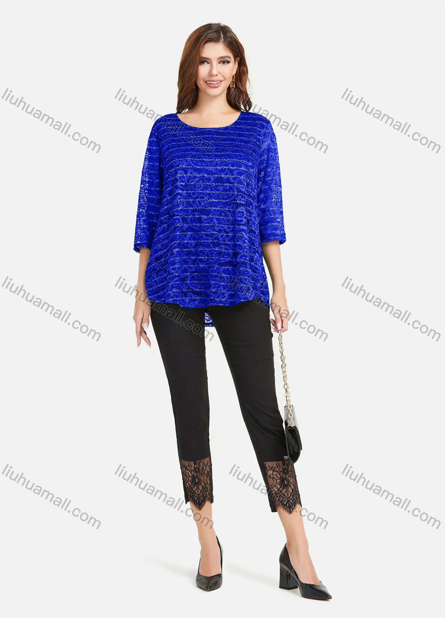 Wholesale Women's Plain Hollow Guipure Lace Embroiderey Tee & Lace Splicing Cropped Pant Set - Liuhuamall