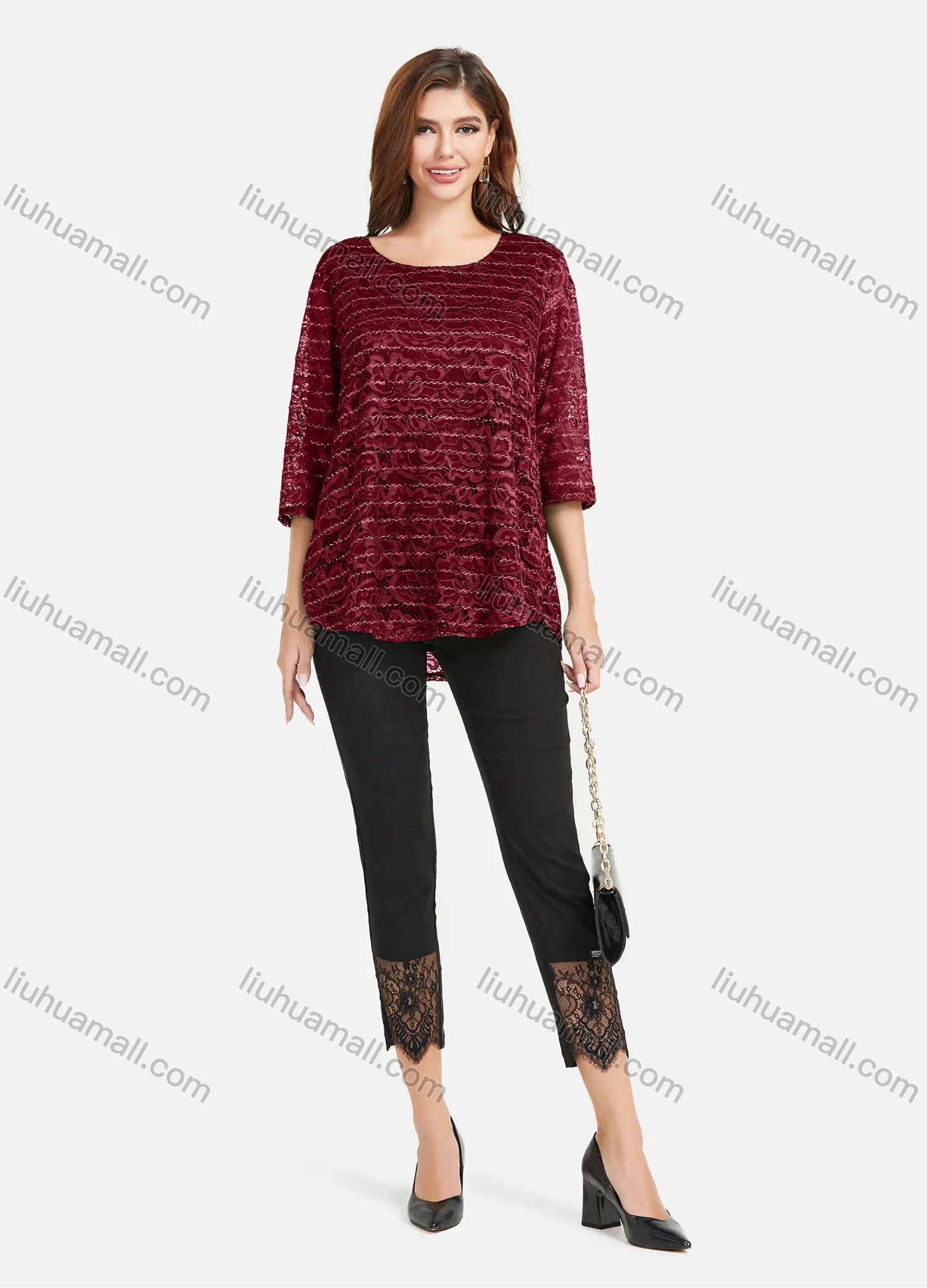 Wholesale Women's Plain Hollow Guipure Lace Embroiderey Tee & Lace Splicing Cropped Pant Set - Liuhuamall