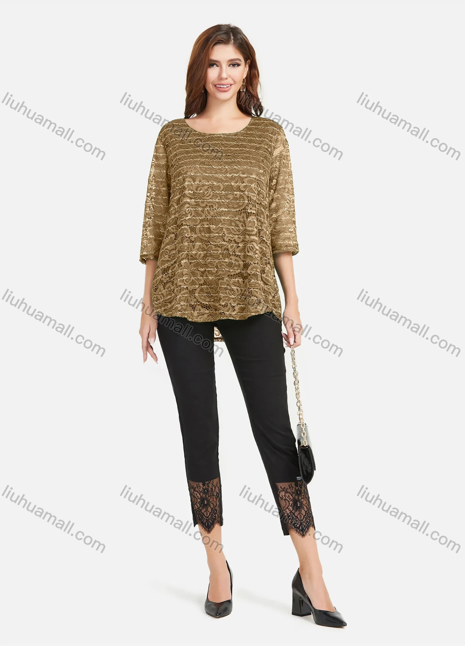 Wholesale Women's Plain Hollow Guipure Lace Embroiderey Tee & Lace Splicing Cropped Pant Set - Liuhuamall