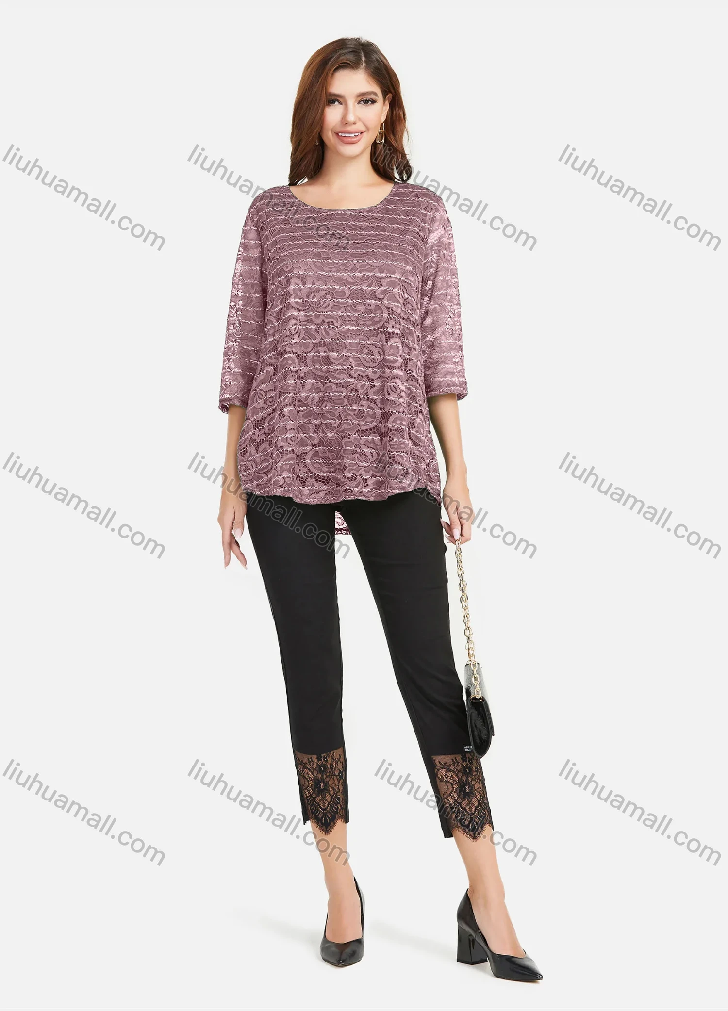 Wholesale Women's Plain Hollow Guipure Lace Embroiderey Tee & Lace Splicing Cropped Pant Set - Liuhuamall