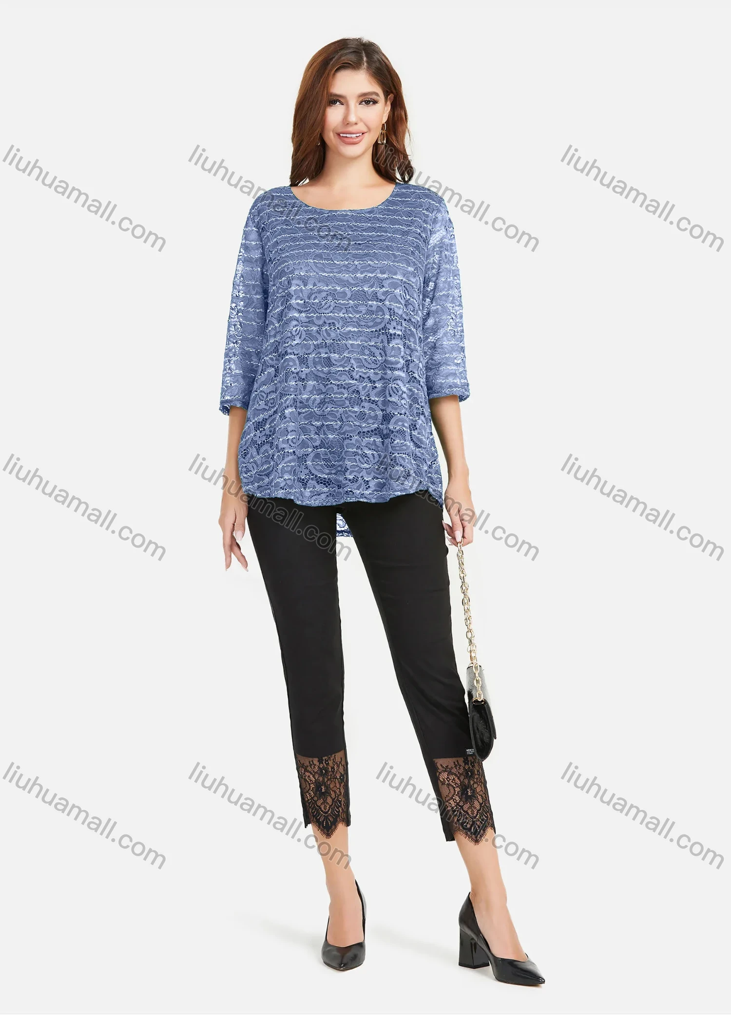 Wholesale Women's Plain Hollow Guipure Lace Embroiderey Tee & Lace Splicing Cropped Pant Set - Liuhuamall