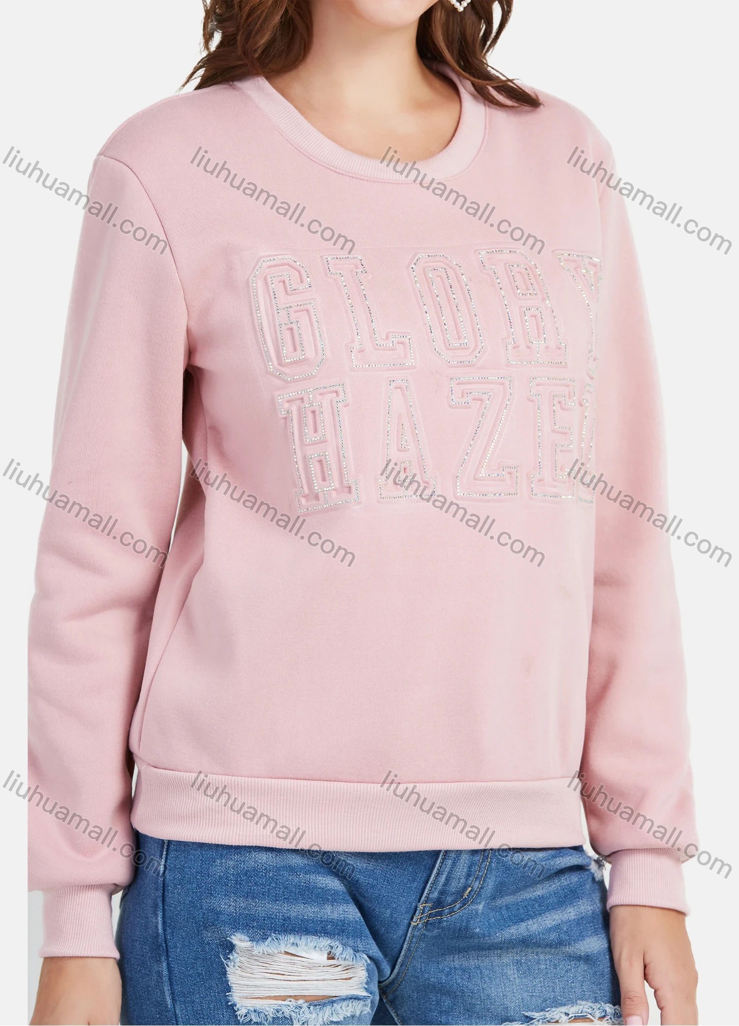 Wholesale Women's Casual Fleece Rhinestone Letters Round Neck Long Sleeve Pullover Sweatshirt - Liuhuamall