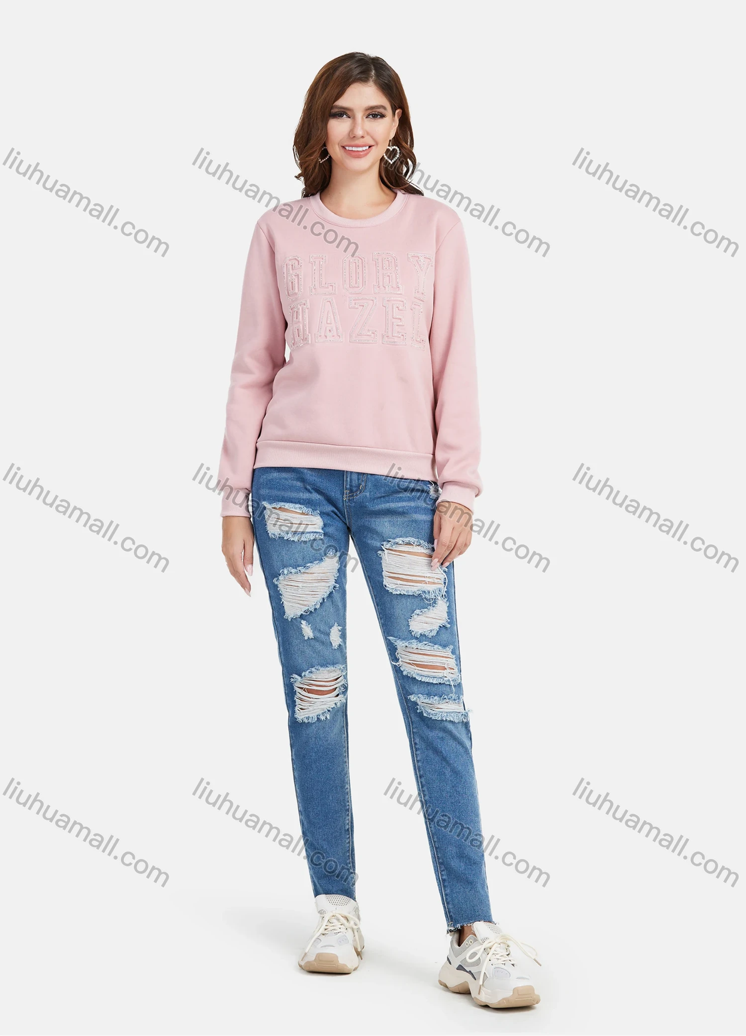 Wholesale Women's Casual Fleece Rhinestone Letters Round Neck Long Sleeve Pullover Sweatshirt - Liuhuamall