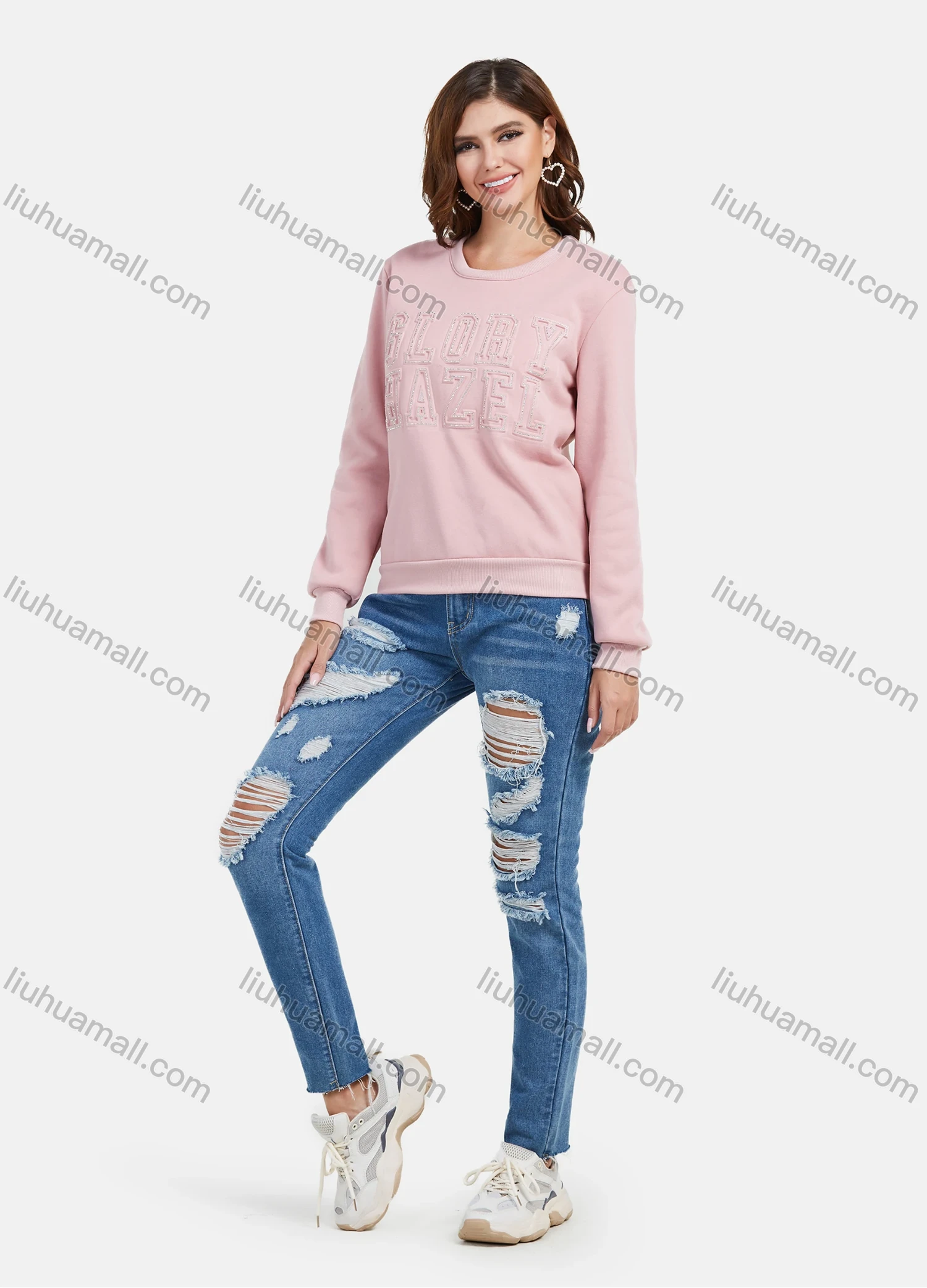 Wholesale Women's Casual Fleece Rhinestone Letters Round Neck Long Sleeve Pullover Sweatshirt - Liuhuamall