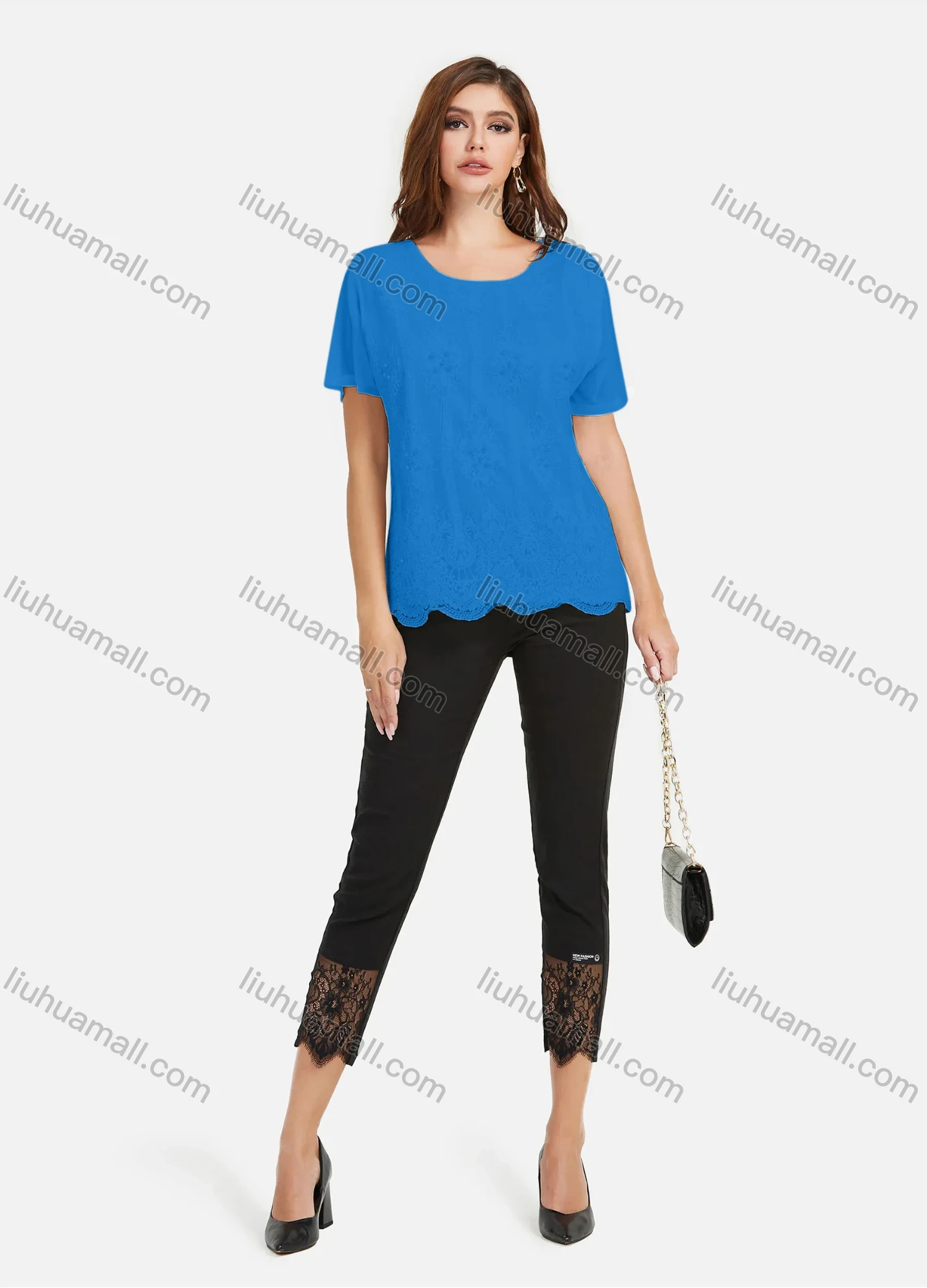 Wholesale Women's Casual Plain Pearl Decor Embroidery Scallop Hem Tee & Lace Splicing Cropped Pant Set - Liuhuamall