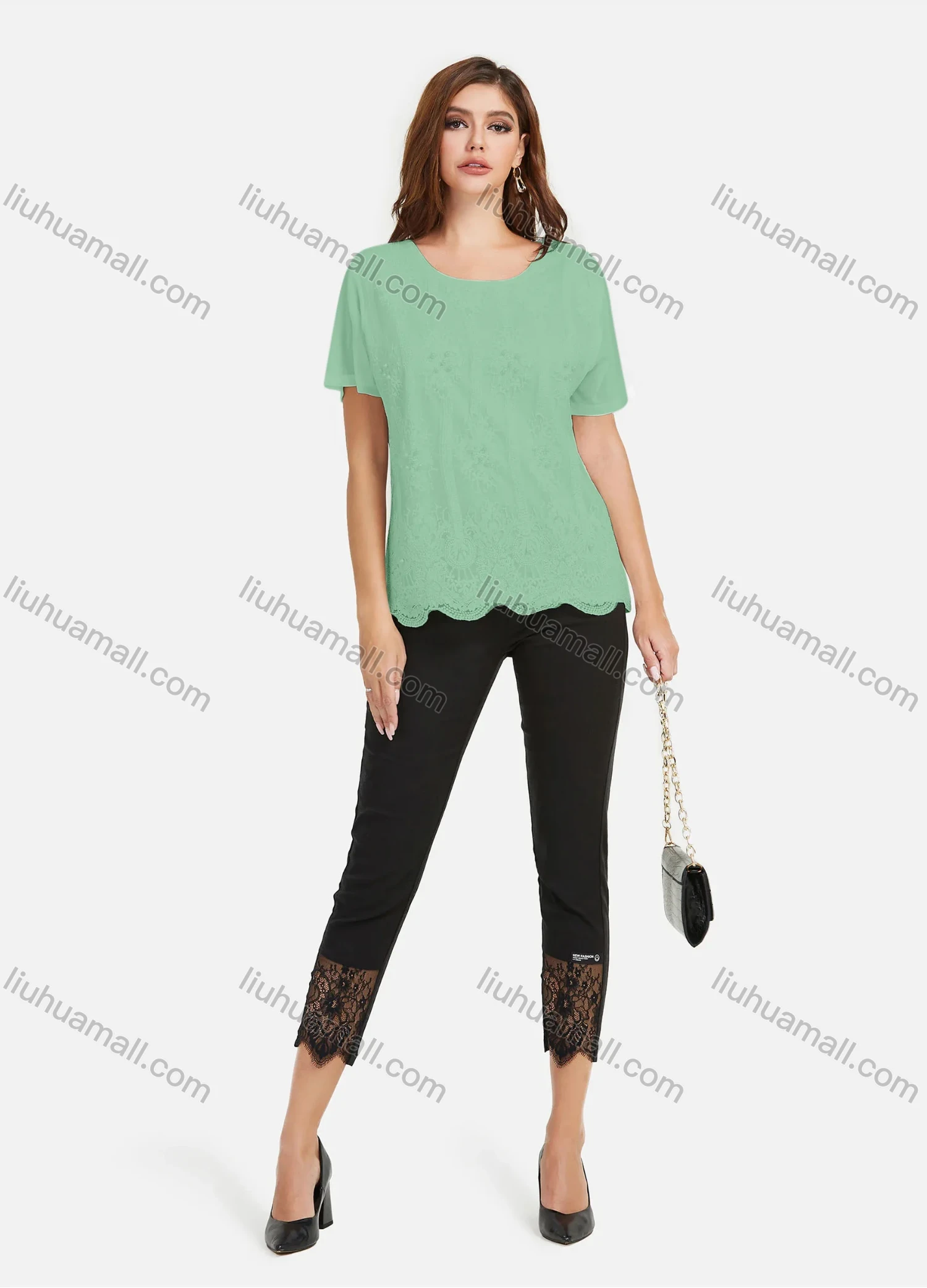 Wholesale Women's Casual Plain Pearl Decor Embroidery Scallop Hem Tee & Lace Splicing Cropped Pant Set - Liuhuamall