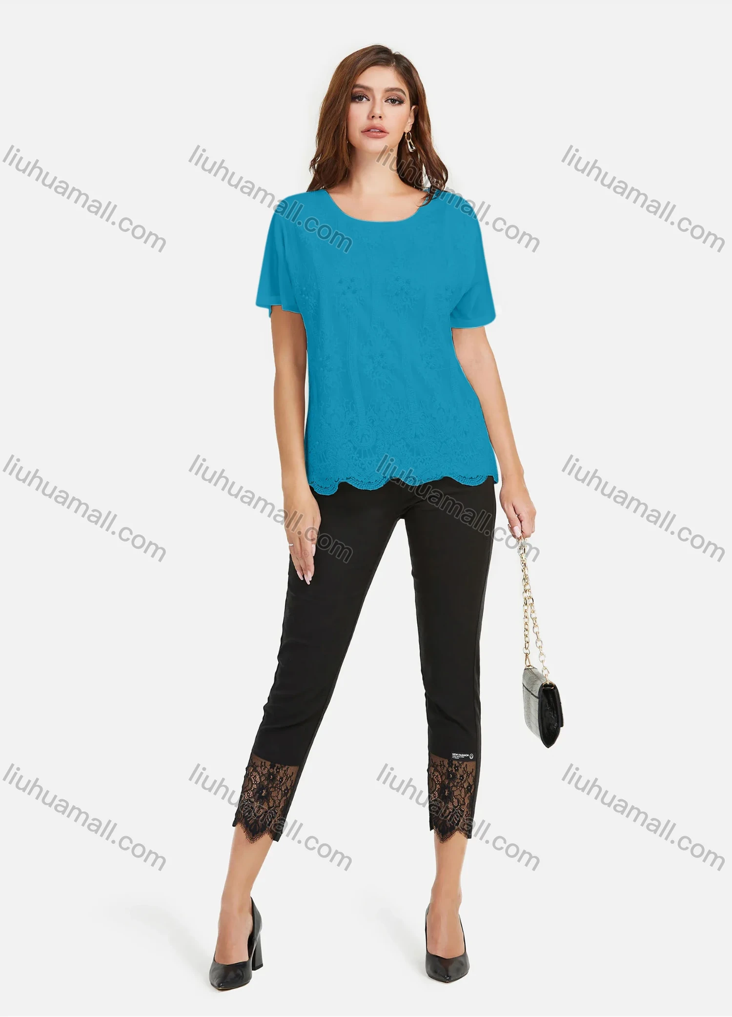 Wholesale Women's Casual Plain Pearl Decor Embroidery Scallop Hem Tee & Lace Splicing Cropped Pant Set - Liuhuamall